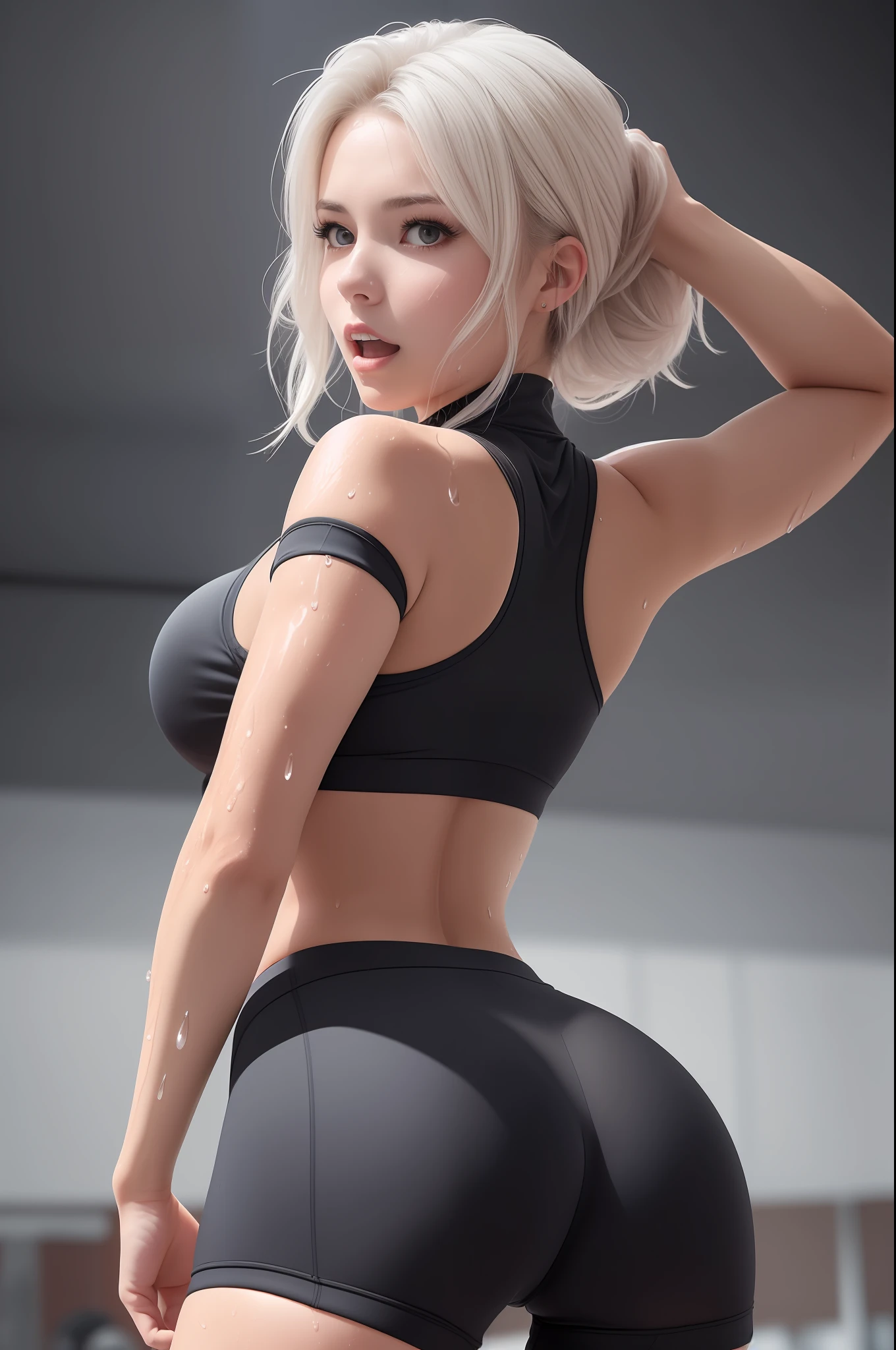 Young adult girl standing in an indoor fitness center ((hand on ass)), looking back at the camera, wearing short gym shorts and sleeveless bike shirt with a zipper, ((turtleneck)) ((Wet body)), ((medium lenght bob hair waving in the air)), open mouth, perfect body, camera from behind and below, -anime, photo realistic ((bending over)) ((solo)) ((white hair)), no equipment, rim lighting, ((flattering portrait)), ((body tight)), humid environment, ((drops of water on body)), ((focus on ass)), adjusting her hair, wide angle camera
