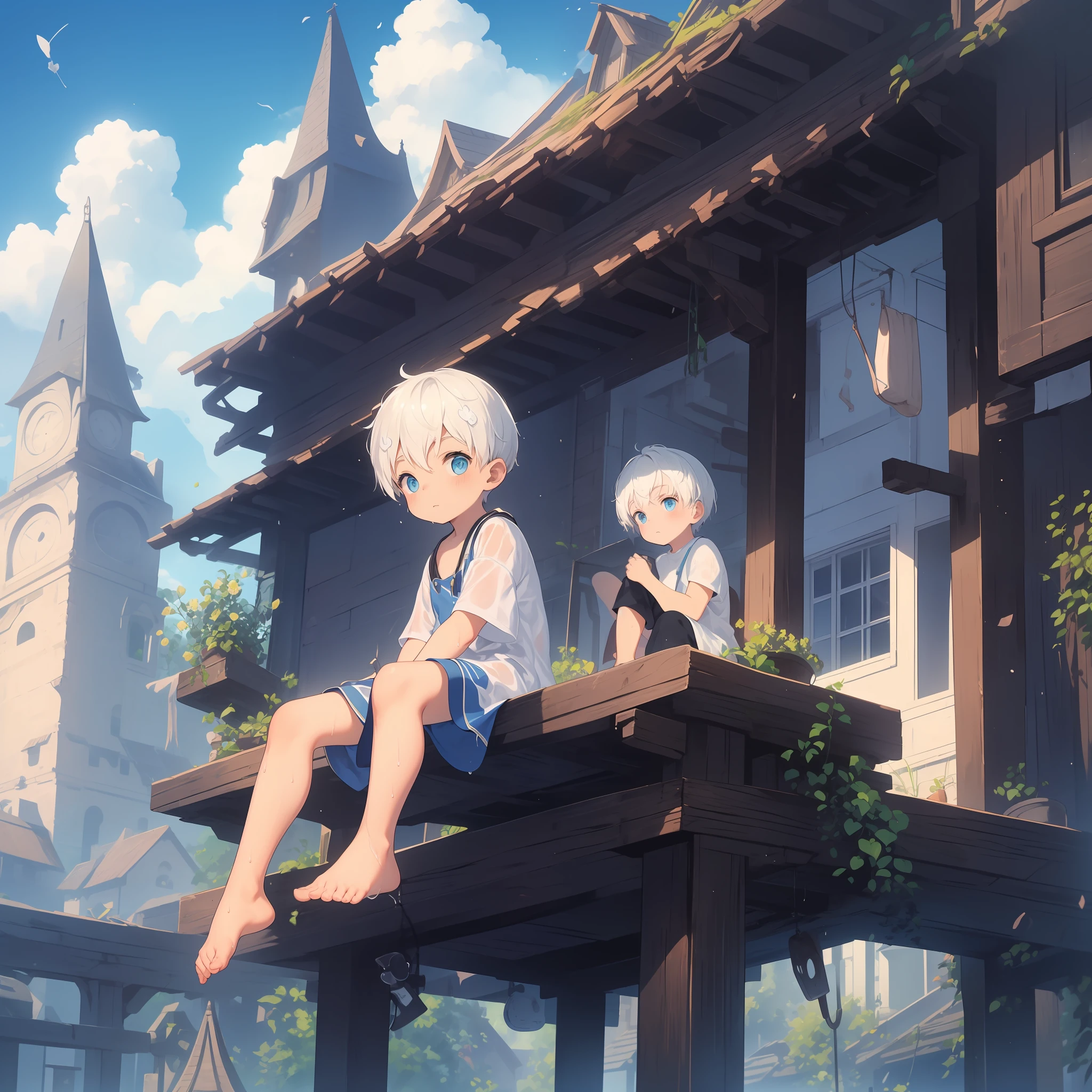 4K), little boy with white hair and barefoot and wet white clothes small tiny feet, He sits on top of a tower, which is covered with blue roses, und betet, Nebel Licht, Impressionismus, 2D, (Dornen: 1.1), (toter Baum: 1.1) Focused on feet, feet closeup