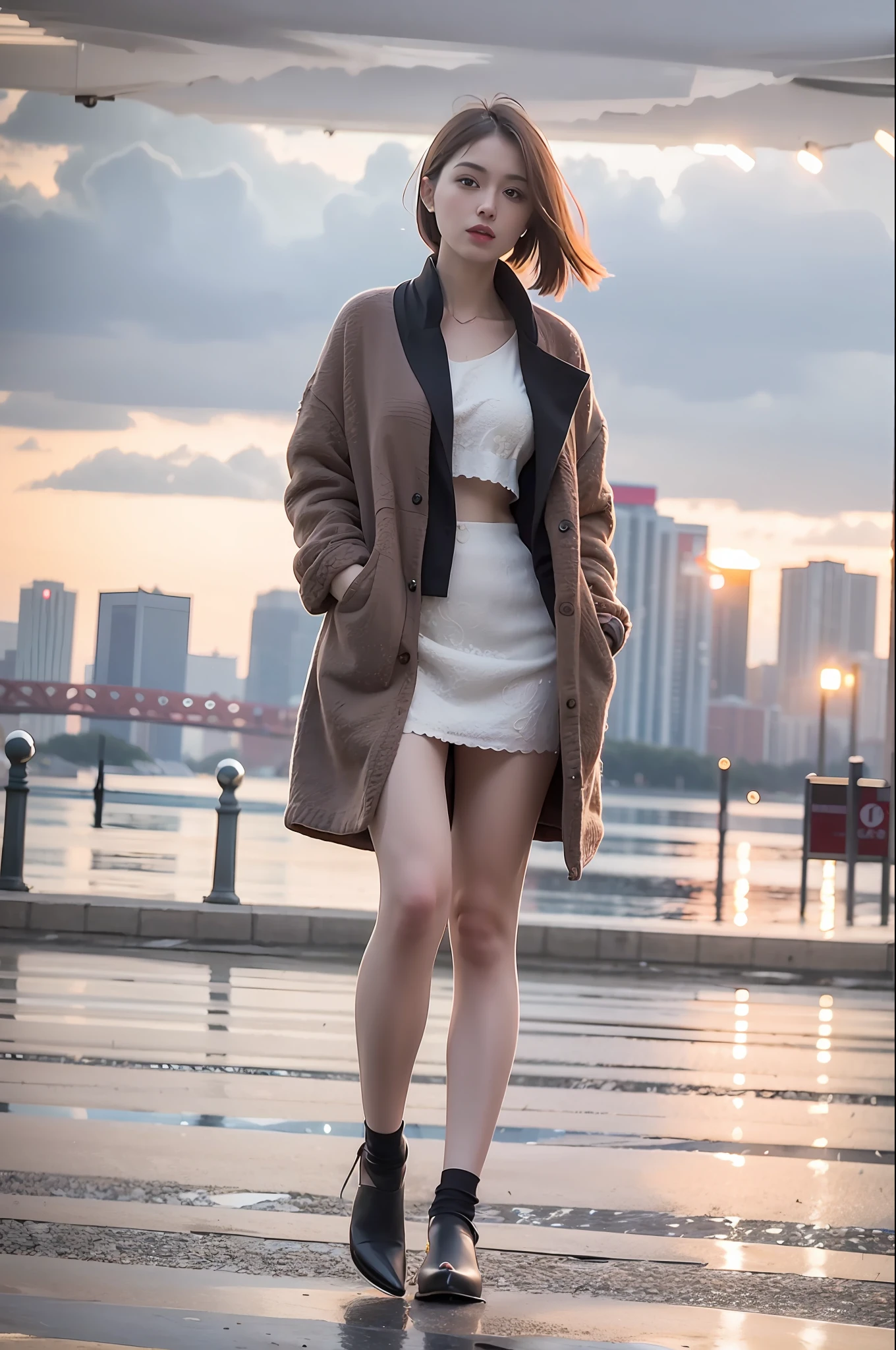 mix4, silk stockings, (8k, RAW photos, best quality, masterpiece: 1.2), (realistic, photorealistic: 1.37), pretty, cityscape, night, rain, wet, professional lighting, photon mapping, radio city, physically based rendering,