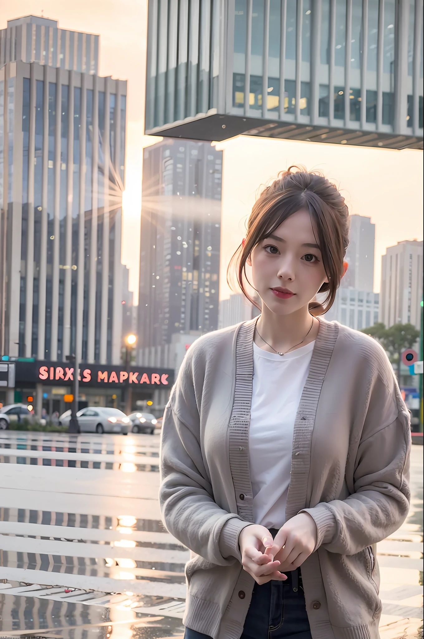 mix4, silk stockings, (8k, RAW photos, best quality, masterpiece: 1.2), (realistic, photorealistic: 1.37), pretty, cityscape, night, rain, wet, professional lighting, photon mapping, radio city, physically based rendering,