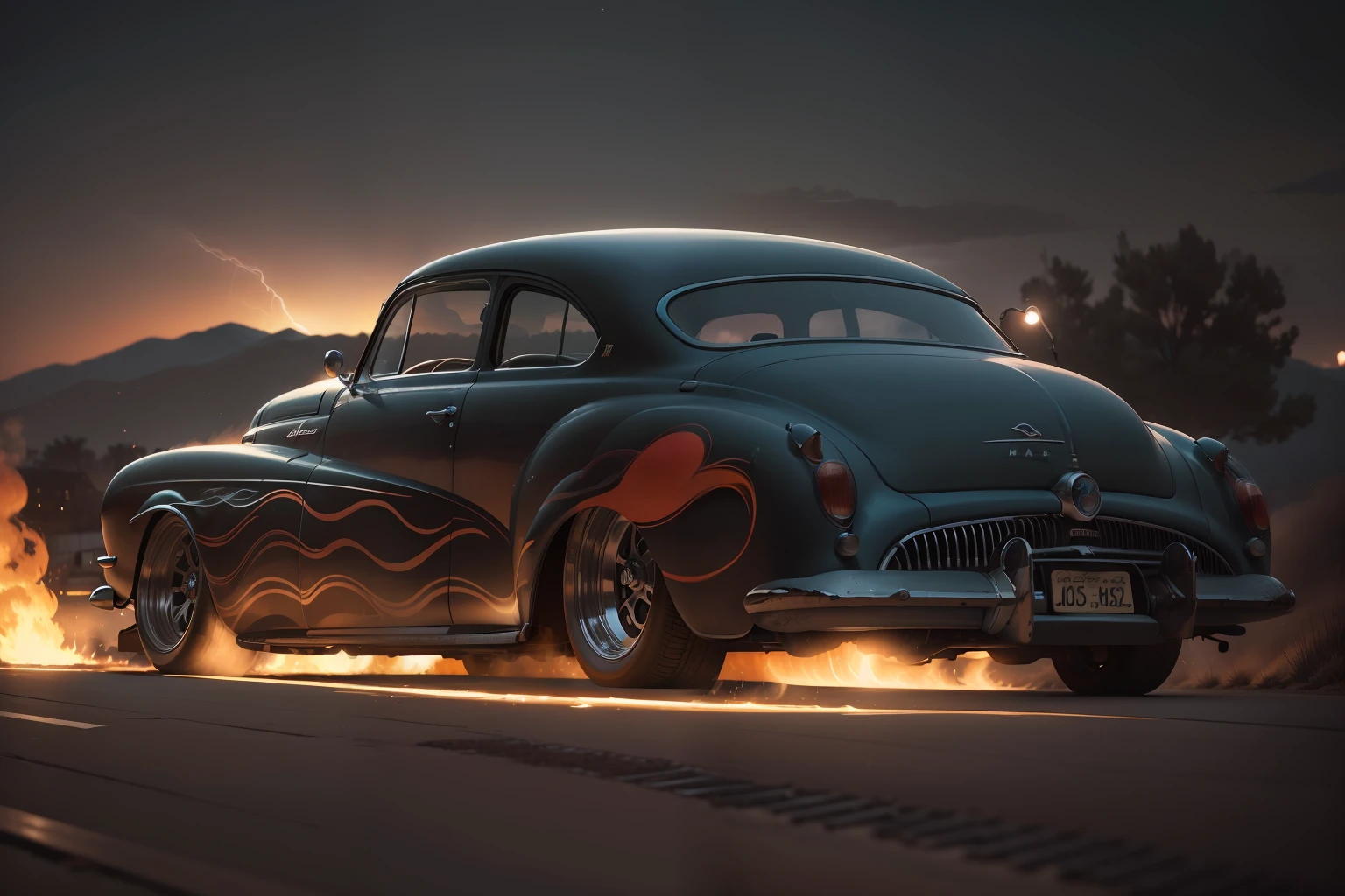 "C:\Users\Jomar Machado\OneDriveDesktop\IMAGENS PARA AI\AI MERCURY 49-51\GASSER MERC 02 copiar.jpg", flaming wheels, dark atmosphere, nightfall, cinema photography, lightning road, warm colours, keep the car faithfull to the original, 8K