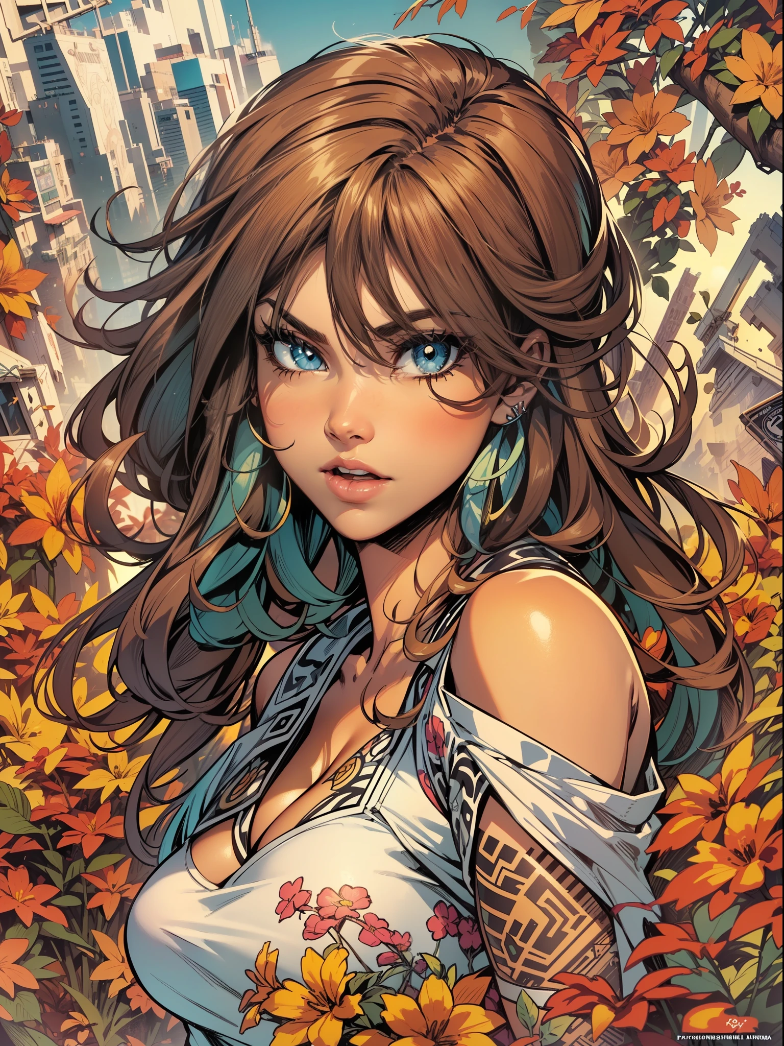 :: comix style joe madureira ::2.9 style ::2.0 comix illustration style ,digital illustration of beautiful female character in toh-yasu drawing style illustrator, anime style, body with futuristic tribal tattoo style designs in dragon shape, serious face and ultra detailed artwork, graffiti style destroyed city scenery with camera focus, (beautiful and clear background:1.2),corpo inteiro perfeito, silhueta esbelta, coxas grossas, voluptuoso, agitado, Thick curvilinear;, (roupas puffer power: 1.2), Grafite 3D, abstrair, Linhas, background circles ,((joe madureira ::2.0 comix illustration style, Estilo Tatoon , Comic book style, Camila Bernal mulher bonita com cabelo longo ultra detalhado, beautiful woman )), ( detailed eyes and detailed face:1.3), (t-shirt or dress:1.3), (beautiful and clear background:1.2), (extremely detailed, ultra-detailed, best shadow:1.1),bare shoulders, flowers and petals, , (white background:0.5), (illustration :1.1), (extremely fine and beautiful girl:1.1), (perfect details:1.1)
