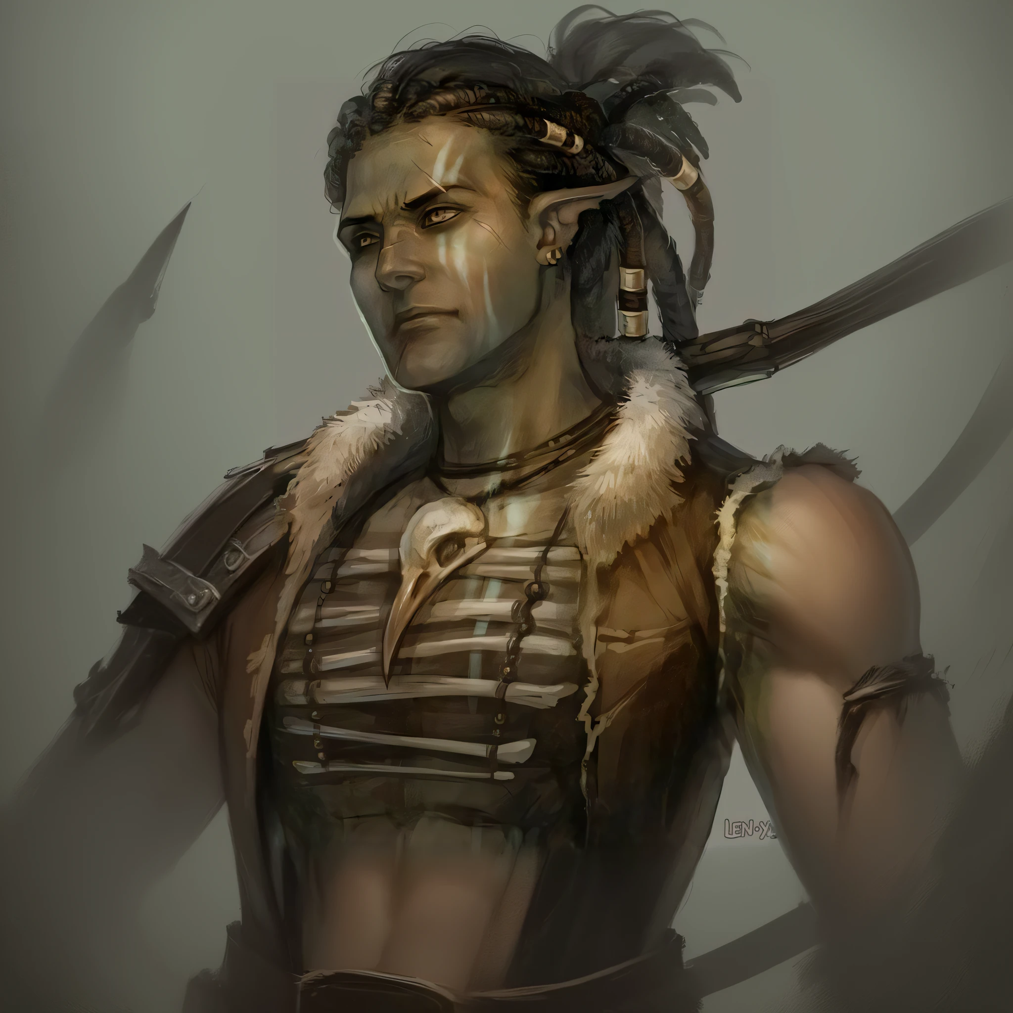 um desenho de um homem com uma espada e uma jaqueta de couro, Um retrato de um elfo masculino, um elfo macho, meio-elfo macho, Metade - Orc, Portrait of an Elven Viking Warrior, elfo masculino bonito, Elf Barbarian Male, elfo masculino de pele prateada, Rio Masculino, retrato de arte conceito de fantasia, RPG retrato arte conceitual, Um retrato de um elfo