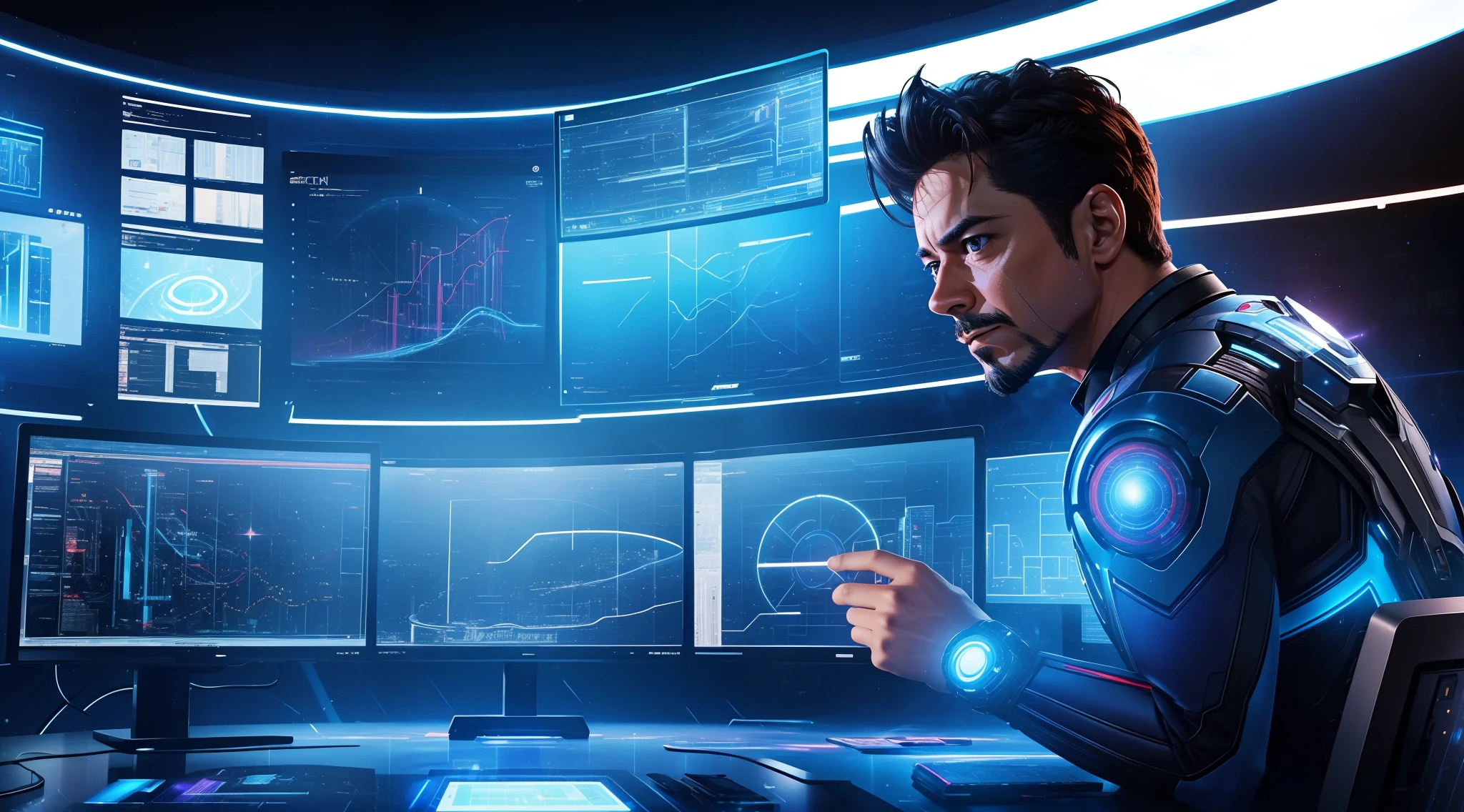 Soft electronic music fills the futuristic environment, onde Tony Stark, vestindo seu traje inteligente, is in a lab full of holographic screens and advanced devices. The soft light from the screens shines on his concentrated face as he works on a revolutionary technological project. With skillful hands, ele manipula hologramas 3D no ar, calculating complex equations and analyzing data in real time. The table in front of you is full of sketches and technological diagrams, showing the genius behind each idea. His charismatic and sarcastic personality shines through as he debates with holographic AI JARVIS about the details of the project. While electronic music gathers rhythm, Tony Stark shows intense determination, your eyes sparkling with excitement as your creation begins to take shape. The environment is a mix of innovation, tecnologia de ponta e genialidade, representing Tony Stark's visionary genius in his element, Planning something that will change the course of technology and humanity.