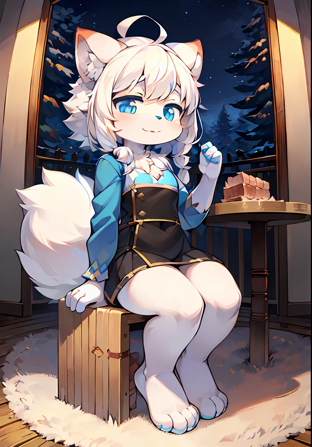 (anthro, Fluffy hair all over the body, Character focus:1.1),eyes with brightness, in a panoramic view, Character focus. (detailedbackground:0.7), 独奏, shaggy, Furry female, (Full Body Furry, Fluffy tail, White hair，Young, meat mat, blue color eyes, adolable:1.2), (long canines，Women's Park，Sell moe:1.2), (interiors, the night, borgar:1.1)