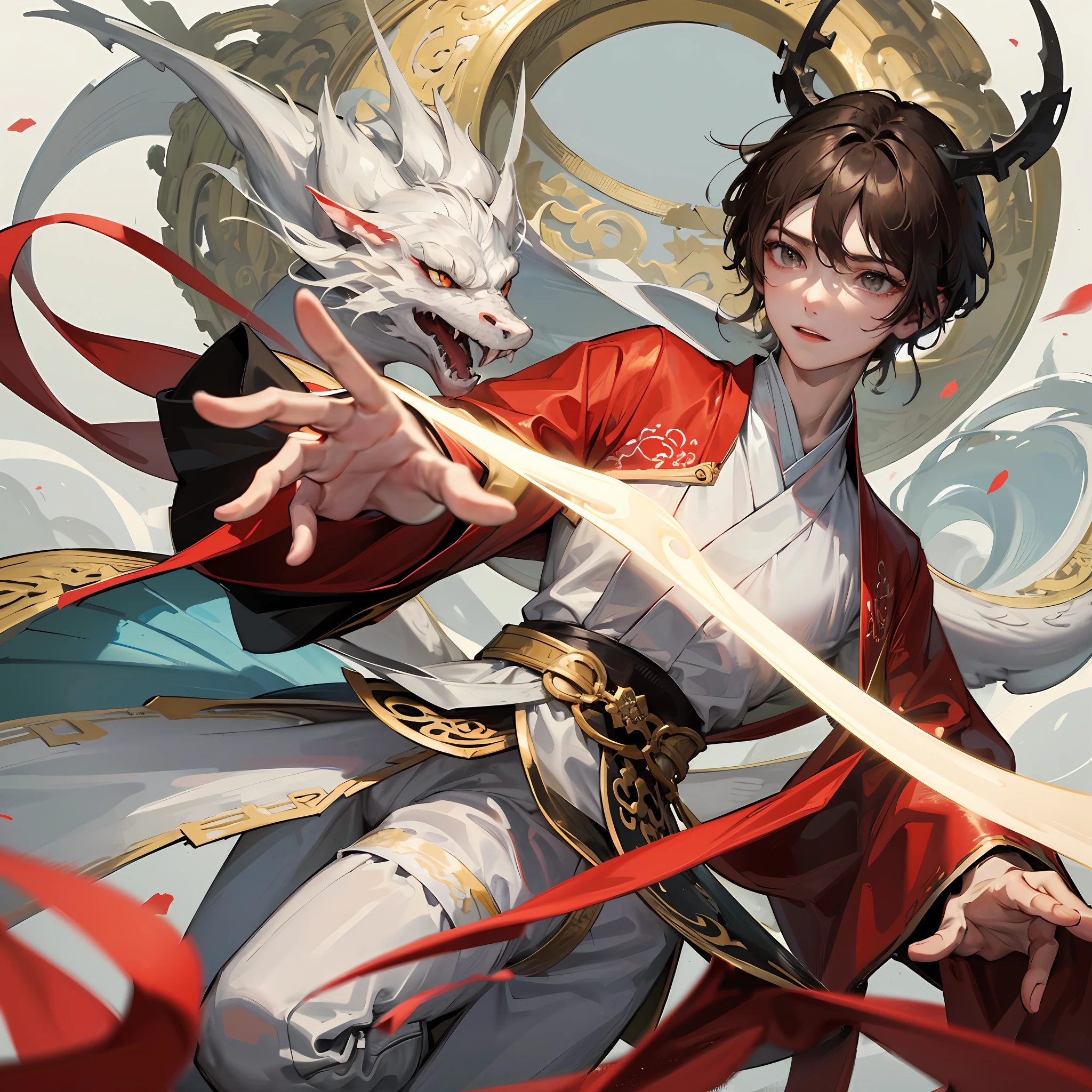 动态照明,art stations,poster for,Volumetriclighting,Very detailed faces,4k wallpapers,Award-Awarded,1 Brunette boy,short detailed hair,Dynamic perspective,white hanfu,White gauze flying,red waistband,Tradition Chinese Ink Painting,Surrounded by clouds,fog atmosphere,Ride a white dragon,White dragon horn,dynamic viewing angle,电影灯光, --auto