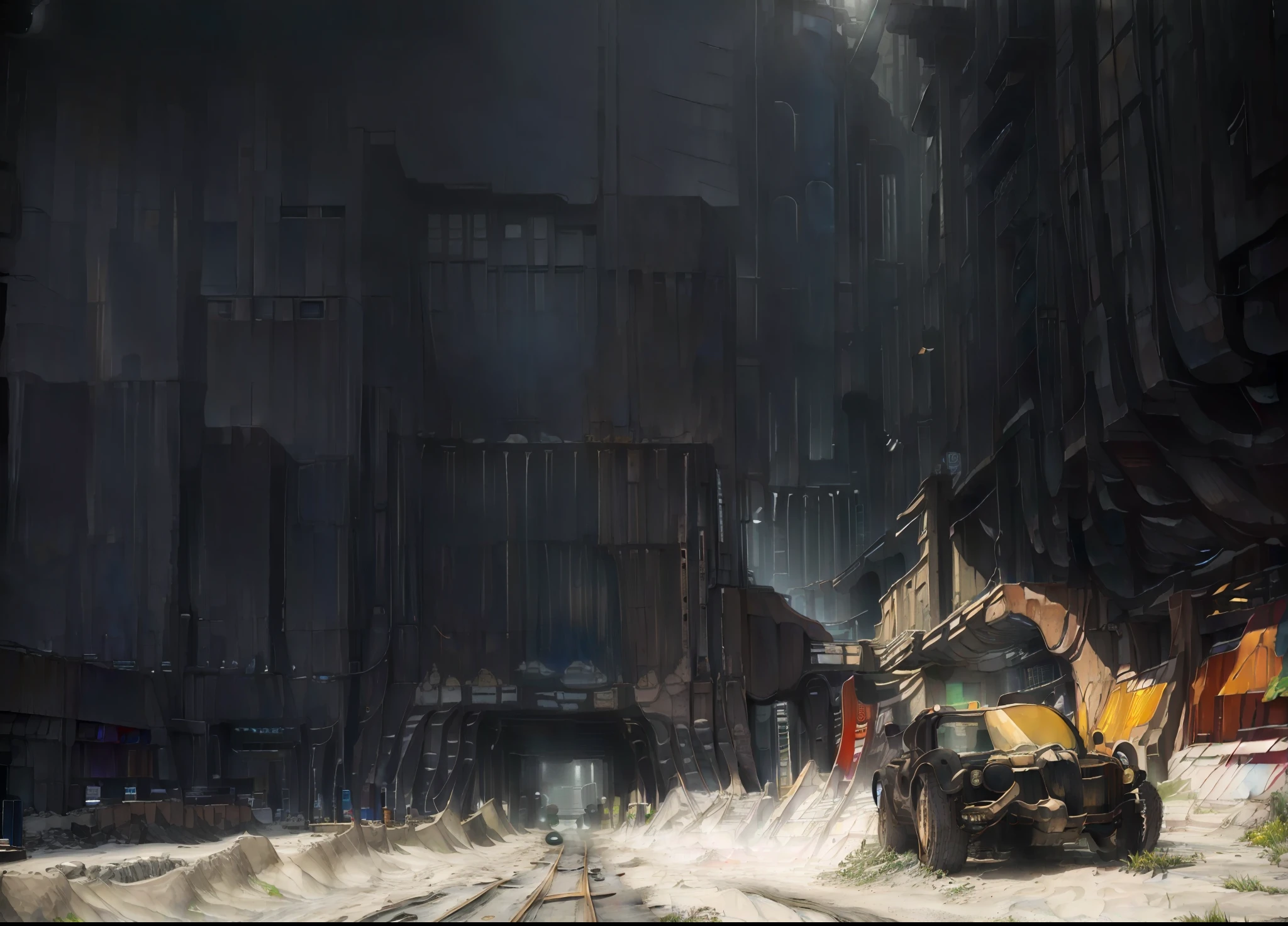 ((A street view of a huge dystopian sprawling city)), Building layers, Blocking sunlight (((Impeccable architecture))), mud, concrete shaking;, High resolution 4K, Masterpiece, trending on art station, (Clear, Clean Line Art), neon signage,(((Metal plates))), ((((road)))