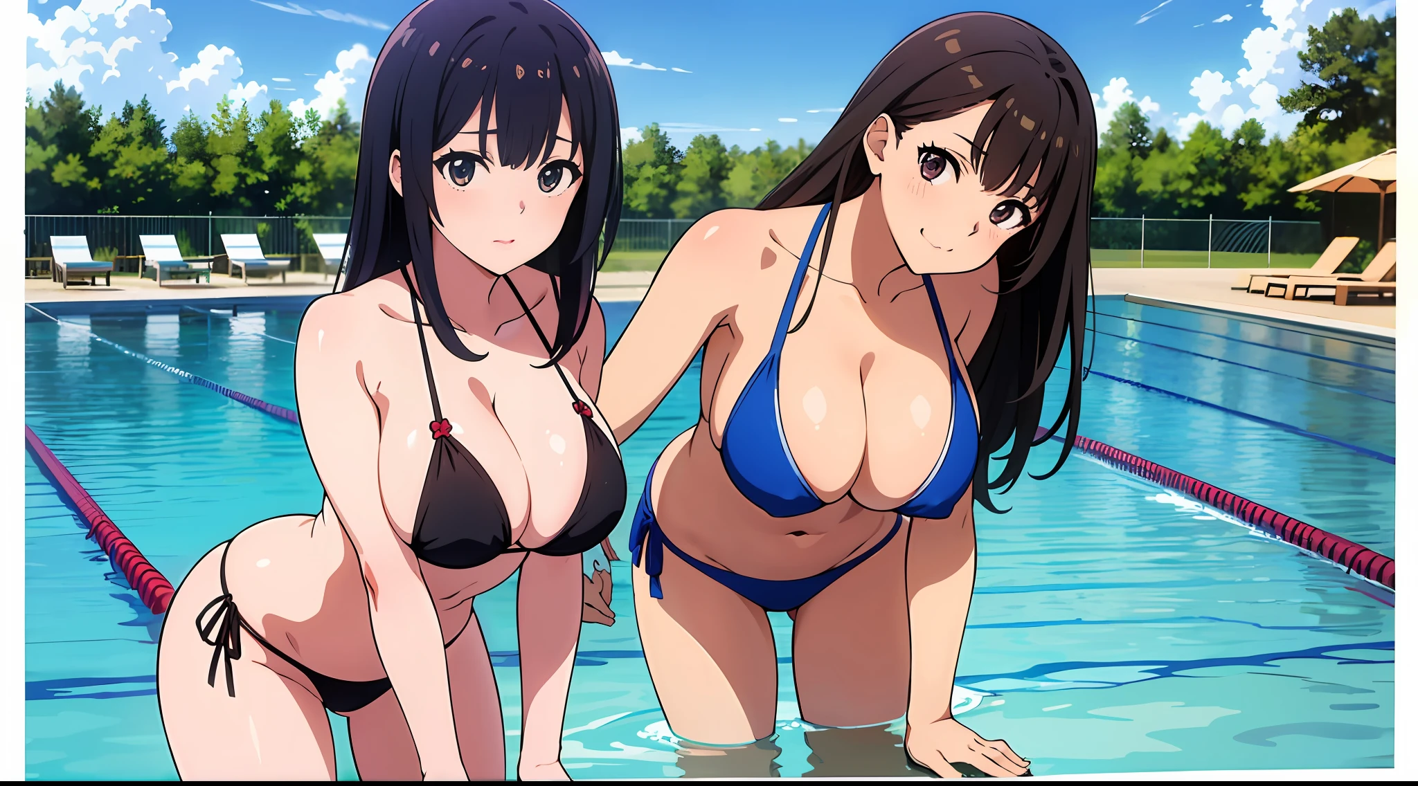 Pool Party, look at viewr, Multiple girls, in group photograph, lineup, harems, High School Girls, 3女の子, maikurobikini, Huge perfect breasts, Leaning forward, Cowboy Shot, Beach, (Best Quality, 8K, 32K, masutepiece:1.2),
