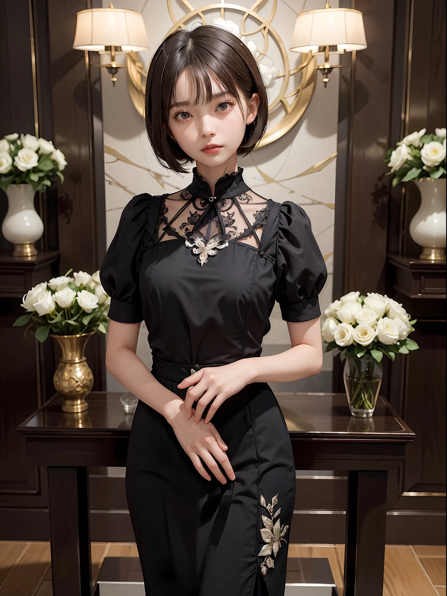 masterpiece, 1 beautiful girls, (((very_short_hair))), Eye details, Swollen eyes, Top image quality, 超A high resolution, (Realistis: 1.4), OriginalPhotographs, 1Girl, Cinematographic lighting, japanes, Asian Beauty, Korean, very beautif, Beautiful skins, thin, (A hyper-realistic), (hight resolution), (8 K), (ighly detailed), (The best illustrations), (beautifully detailed eyes), (ultra-detailliert), A detailed face, see the beholder, Facing straight ahead, Neat Clothing, shorth hair、A dark-haired、46-point diagonal bangs、Interior background of luxury hotel、flower arrangement、vases、Neat and clean