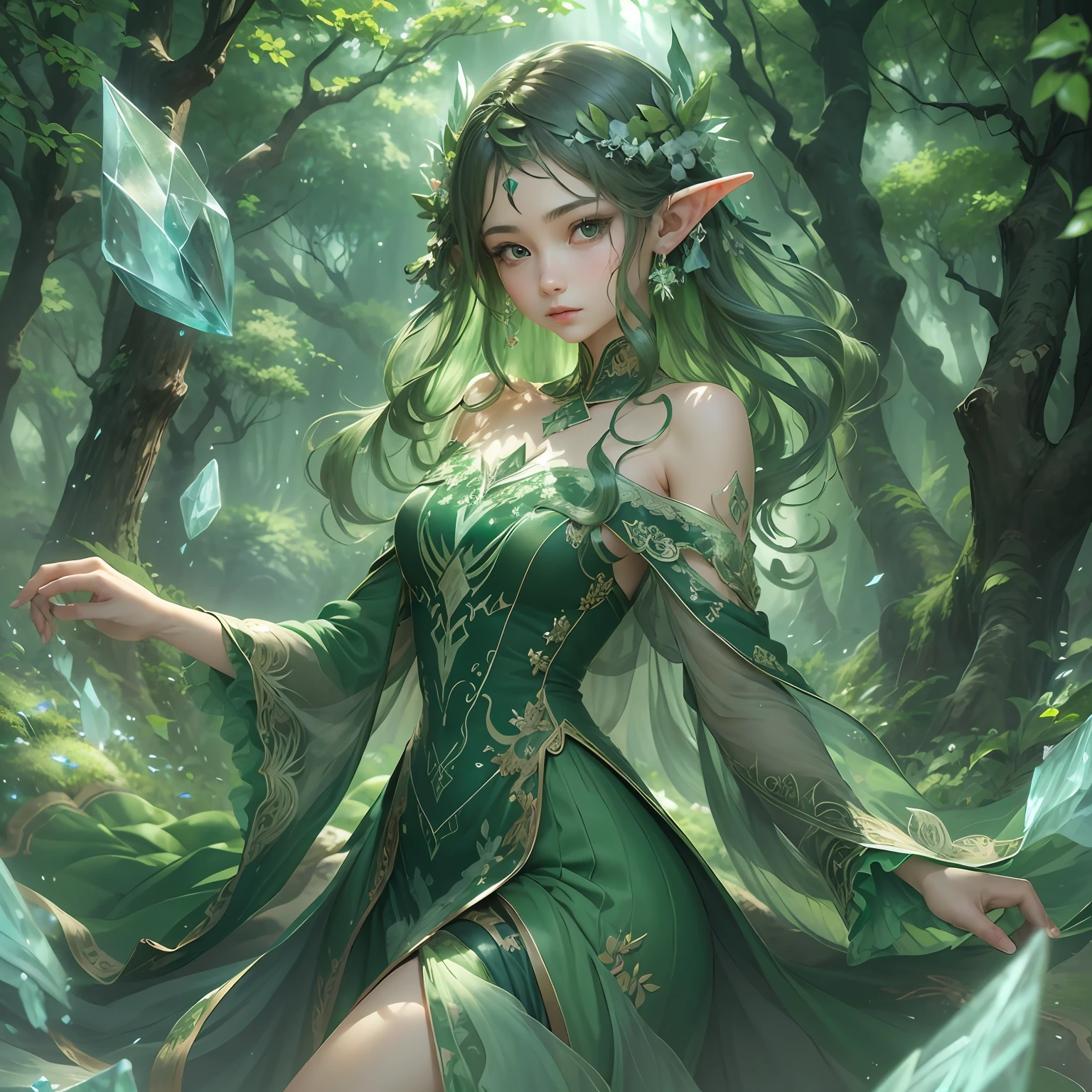 (Masterpiece, Top Quality, Best, Official Art, Beautiful and Aesthetic, Long Exposure: 1.2), Smooth Movement, Charming Patterns, 1 Girl, (Long Dress with Sleeves: 1.3), (((Green Clothes) )), bare shoulders, Chinese girl, blush, black lob hair, portrait, solo, looking at the observer, detailed background, detailed face, (crystallineAI, crystalline theme:1.1), elemental wood elf, rotation foliage, control foliage, emerald clothing, dynamic pose, floating particles, ethereal dynamics, foliage, vapor, forest in the background, green tint, forest, ethereal atmosphere