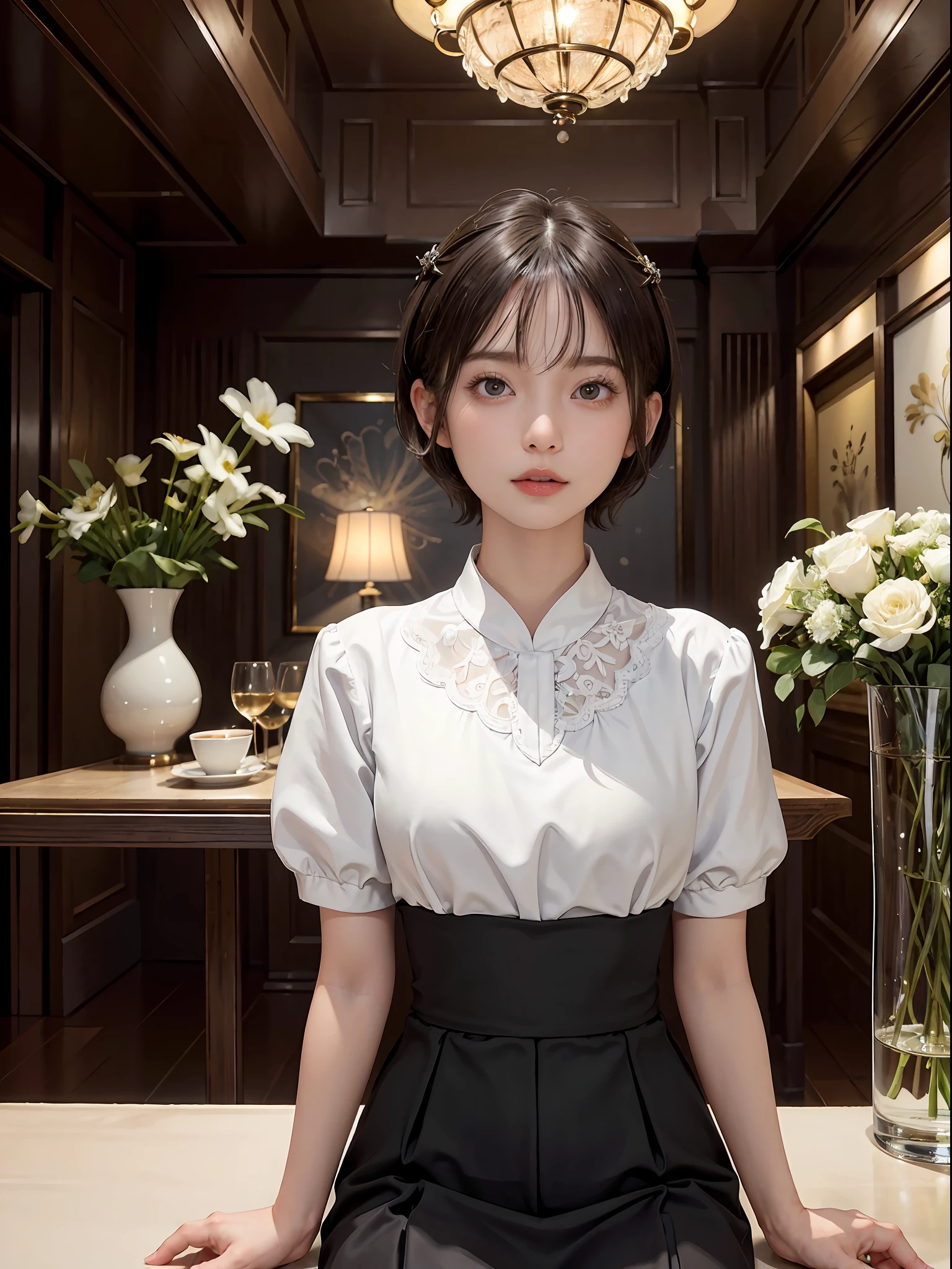 masterpiece, 1 beautiful girls, (((very_short_hair))), Eye details, Swollen eyes, Top image quality, 超A high resolution, (Realistis: 1.4), OriginalPhotographs, 1Girl, Cinematographic lighting, japanes, Asian Beauty, Korean, very beautif, Beautiful skins, thin, (A hyper-realistic), (hight resolution), (8 K), (ighly detailed), (The best illustrations), (beautifully detailed eyes), (ultra-detailliert), A detailed face, see the beholder, Facing straight ahead, Neat Clothing, shorth hair、A dark-haired、46-point diagonal bangs、Interior background of luxury hotel、flower arrangement、vases、Neat and clean