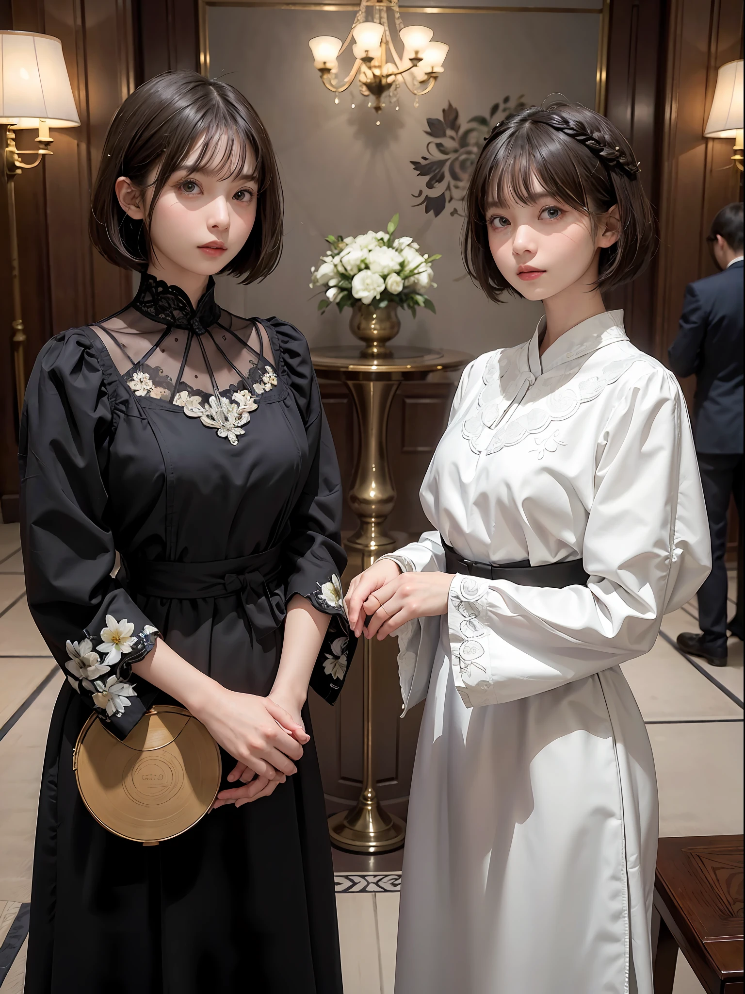 ​masterpiece, 1 beautiful girls, (((very_short_hair))), Eye details, Swollen eyes, Top image quality, 超A high resolution, (Realistis: 1.4), OriginalPhotographs, 1Girl, Cinematographic lighting, japanes, Asian Beauty, Korean, very beautif, Beautiful skins, thin,  (A hyper-realistic), (hight resolution), (8 K), (ighly detailed), (The best illustrations), (beautifully detailed eyes), (ultra-detailliert), A detailed face, see the beholder, Facing straight ahead, Neat Clothing, shorth hair、A dark-haired、46-point diagonal bangs、Interior background of luxury hotel、flower arrangement、vases、Neat and clean