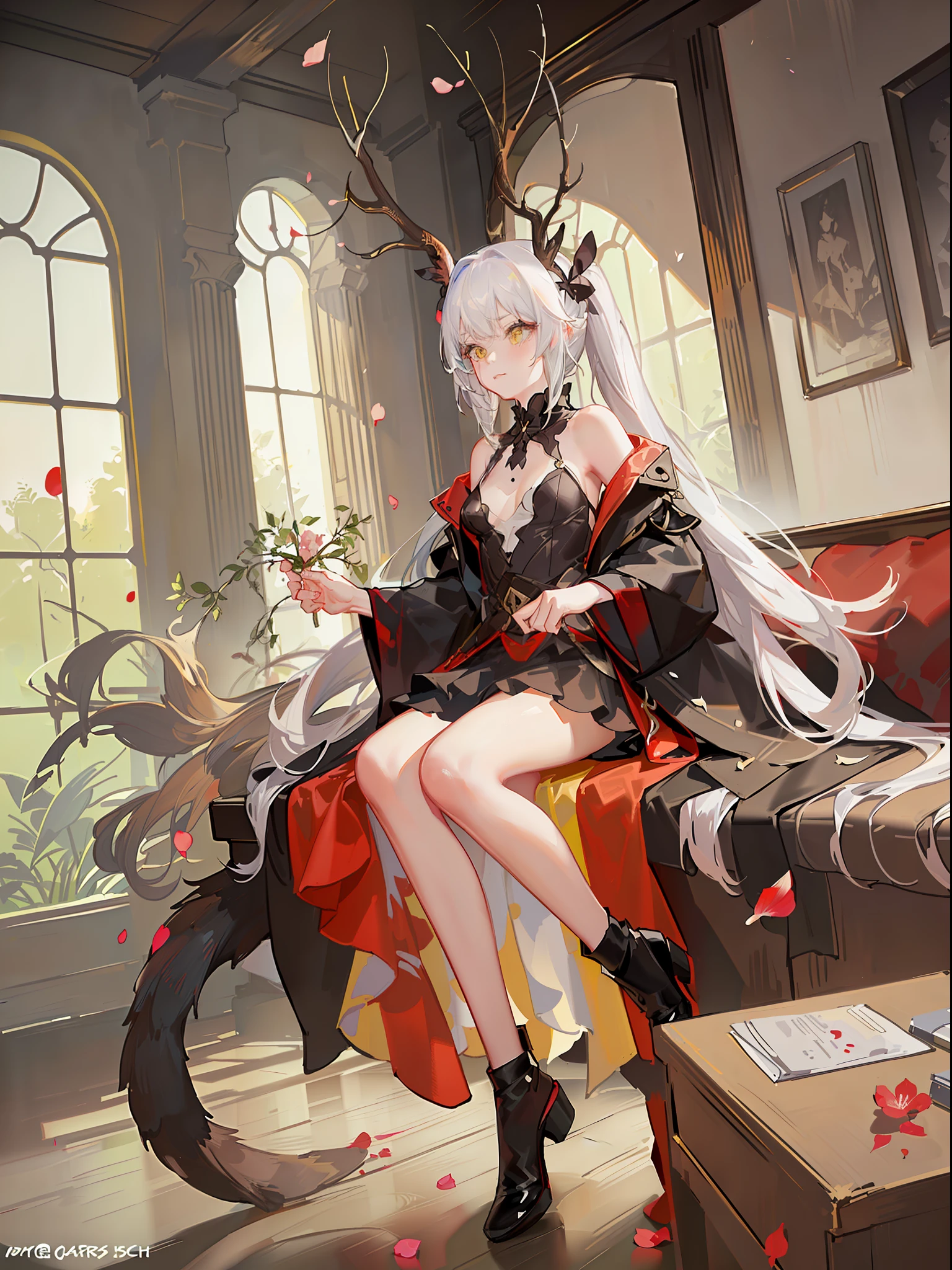 Full body standing painting，tmasterpiece，high qulity，Stuffed animal ears，The tail is a giant squirrel tail, Same color as ears, But the white part is whiter than the hair (Close to pure white)It is also draped with irregular petals，The antlers are brown and curved, The hair is white overall, There are irregular yellow and black pickaxes, Low hairstyle, There is a small braid on the right side of the ponytail, Irregular petals fall on the head, The neckline is a bell, The chest has a cutout design, The right side of the skirt is different from other fabrics, The fabric is harder，folds, The sleeves have two layers, The inner layer is white,