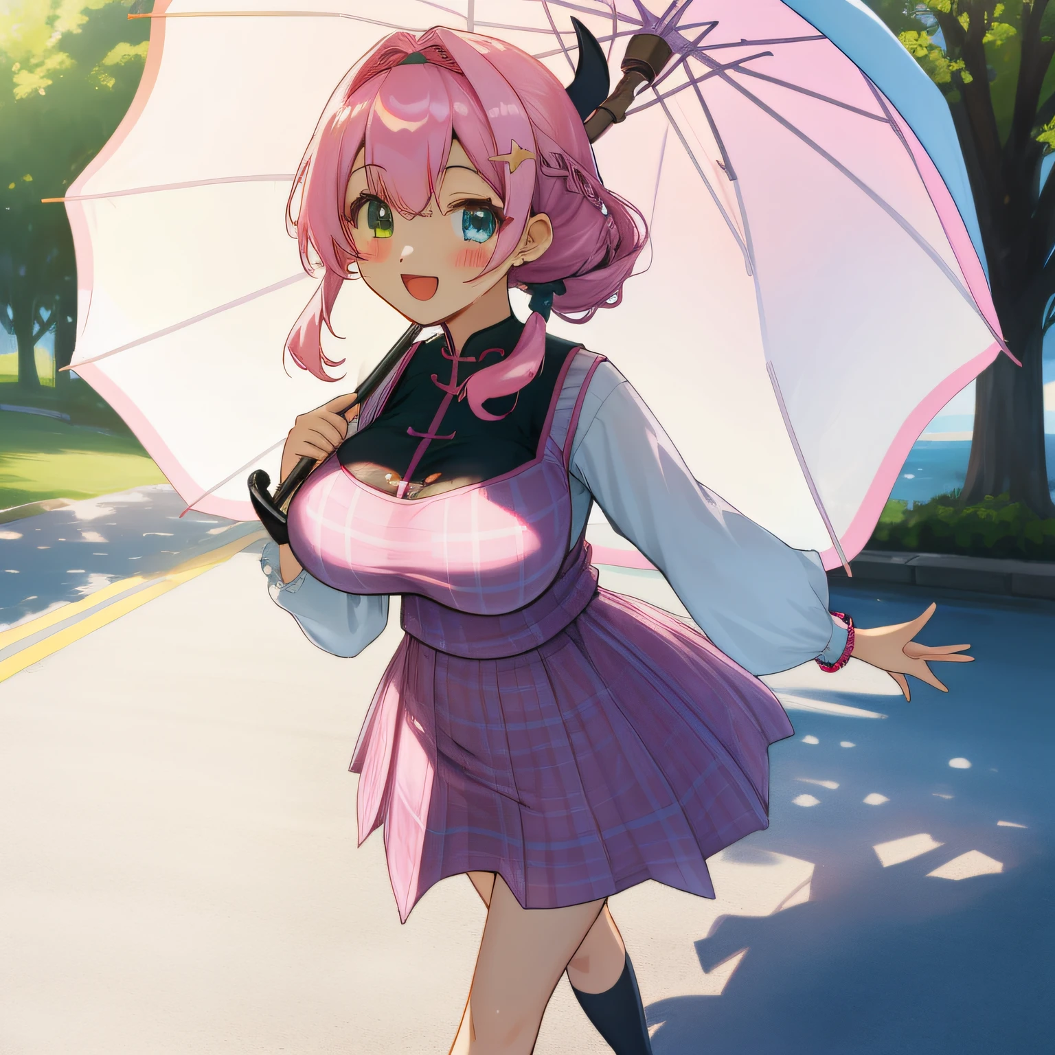 (Highly detailed CG Unity 8k wallpaper), (Best Quality), (Super Detail), (Best Illustration), (Best Shadow), POV, Realistic lighting and shading, Natural light, Lens flare effect, Break 1 Beautiful Girl, Solo,(Cute:1.5),(Chibi:0.8), (kawaii:1.5),(Lori:0.5),(17 girls:1.0),{Heterochromia,pale blue eyes,pale green eyes:1.5},star eye silhouette, BREAK , (Pink hair, Medium length:1.2), (Braided hairstyle,hair clips, bangss:1.1),(Large breasts, 鎖骨:1.5),BREAK, (Wet white shirt,hair flaps, A bracelet,Pink plaid blouse,long-sleeve, camisole :1.2), (Long Brown Skirt:1.2), (shoe,Black lace socks:1.0), (star-shaped earring:1.1), (Lace headband:1.0), (Cute Accessories:1.3), (self-satisfied look, :D:1.1), (Casual pose, Walking:1.3), (a park,chii,outside of house,Summer as a backdrop:1.3), (Holding a white parasol:1.1), BREAK,🌇,