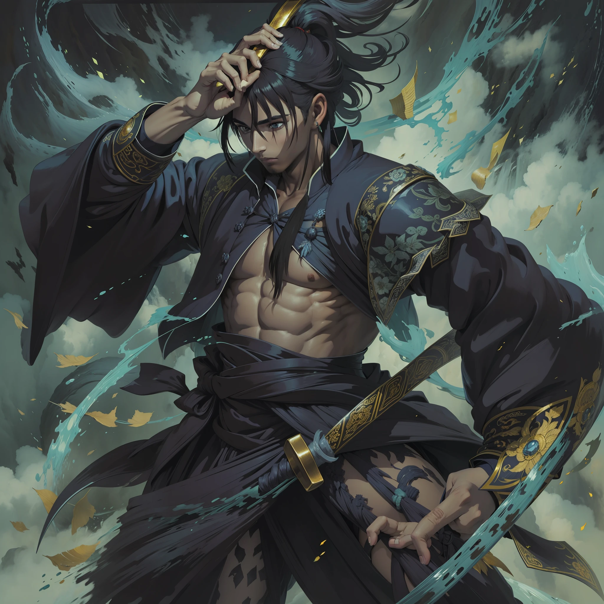 8k, obra-prima, alta qualidade, homens, Jovem, cabelo preto e olhos negros, oil-painting, Q version, mangas compridas pretas feitas de penas pretas , roupas chinesas, segurando Espada em chamas azuis, feliz