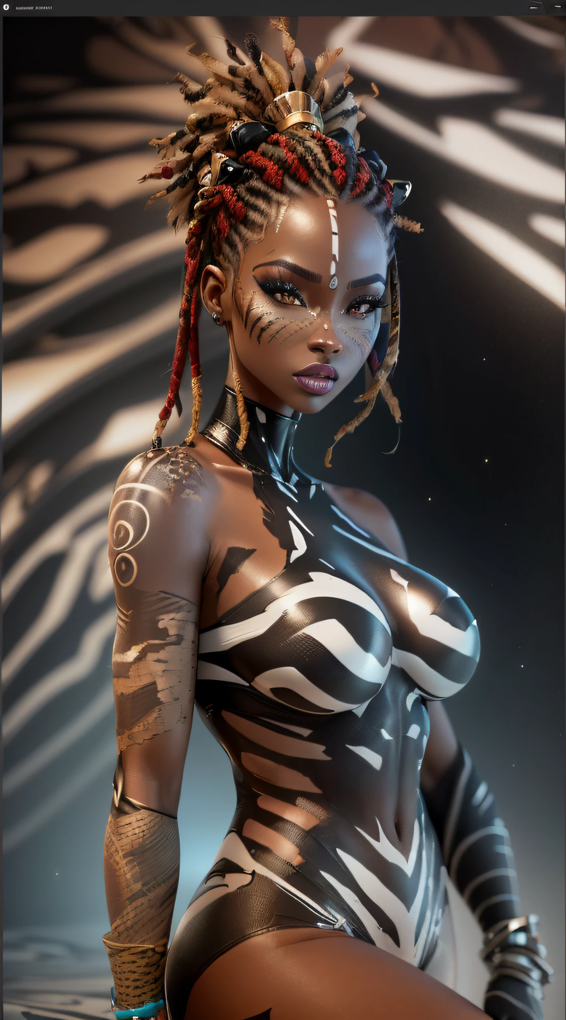 zebra print body paint on a woman's body and chest, 3 d render character art 8 k, african female android, cgsociety inspired, cinematic goddess body shot, deviantart artstation cgscosiety, trending on artstation 4k, wlop glossy skin, trendin on artstation, afrofuturistic, trending in artstation, digital concept art, cgsociety 8k