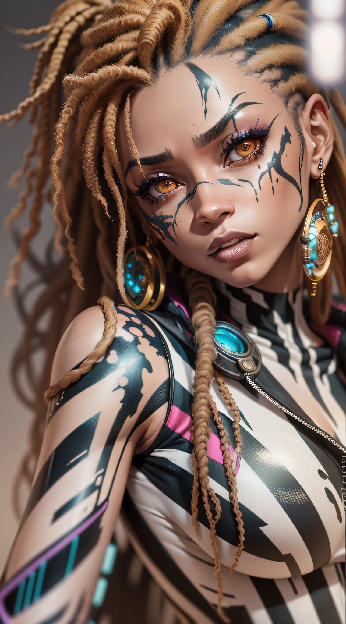 there is a woman with dreadlocks and a body paint, hyperdetailed fantasy character, anime character; full body art, close up character, cyberpunk style , hyperrealistic, hyper-realistic cyberpunk style, 3 d render character art 8 k, cgsociety inspired, photorealistic anime girl render, hand painted textures on model, great digital art with details