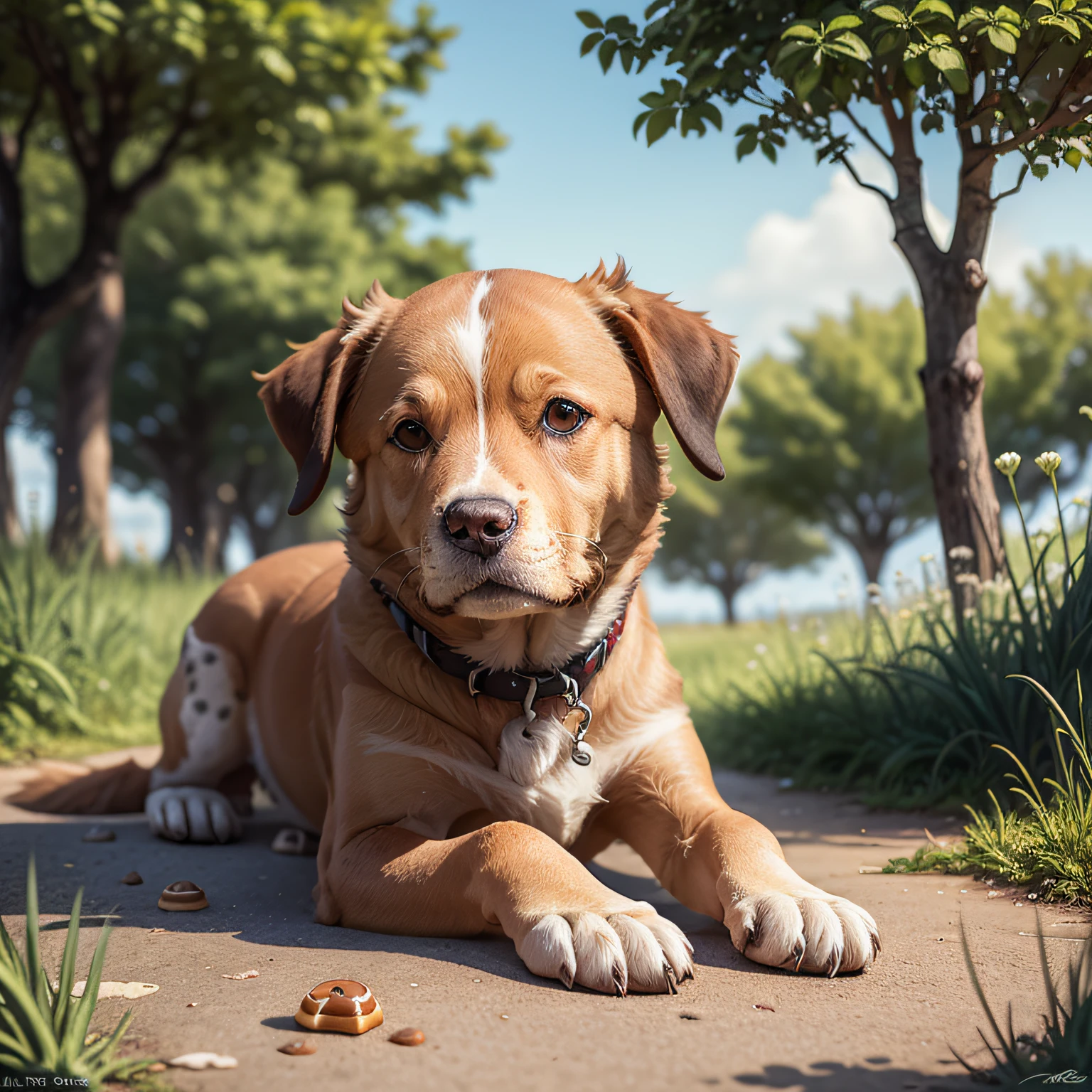 cachorro vira lata, in a white park with caramel spots with a sad look more with a look of hope, with various visual details and cartoon style --auto