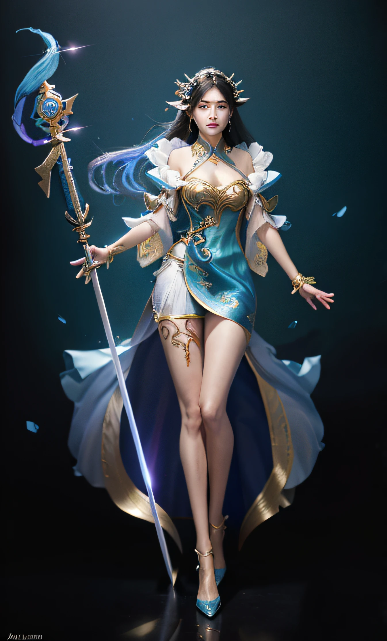 a woman in a blue dress holding a sword and a rose, full-body xianxia, beautiful full-body concept art, full portrait of elementalist, epic exquisite  character art, Kushatt Krenz Key Art Women, Beautiful celestial mage, Extremely detailed Artgerm, Artgerm on ArtStation Pixiv, detailed full-body concept