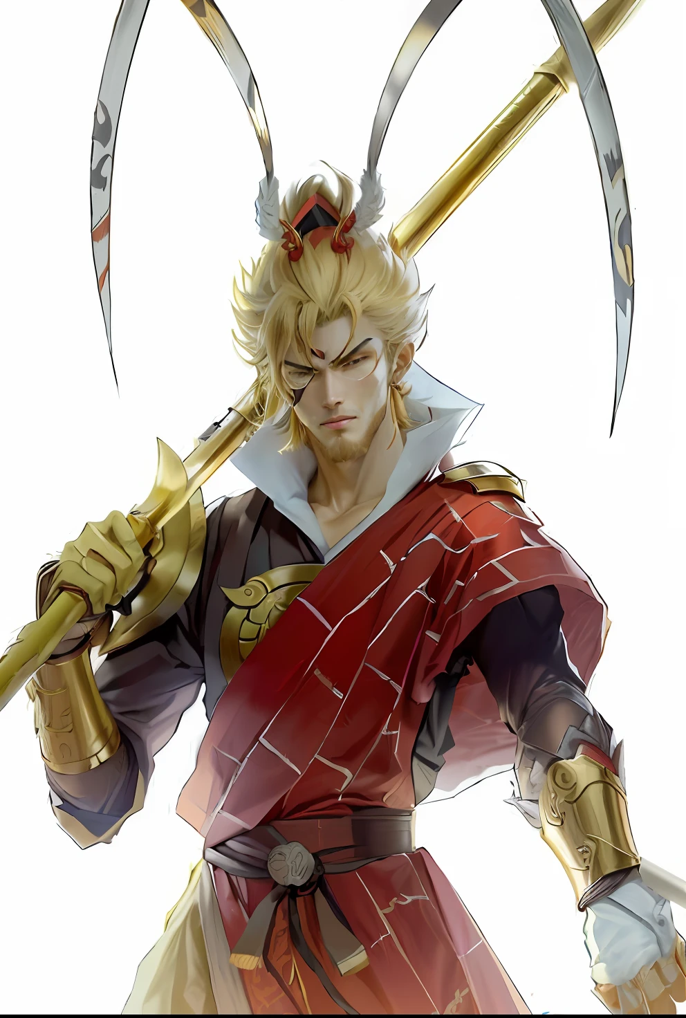 Close-up of a man holding a large knife and sickle, son goku, Wukong, legendary god holding spear, handsome guy in demon killer art, Monkey king, gilgamesh, zhongli from genshin impact, fox nobushi holding a naginata, Akira in Chinese mythology, Keqing from Genshin Impact