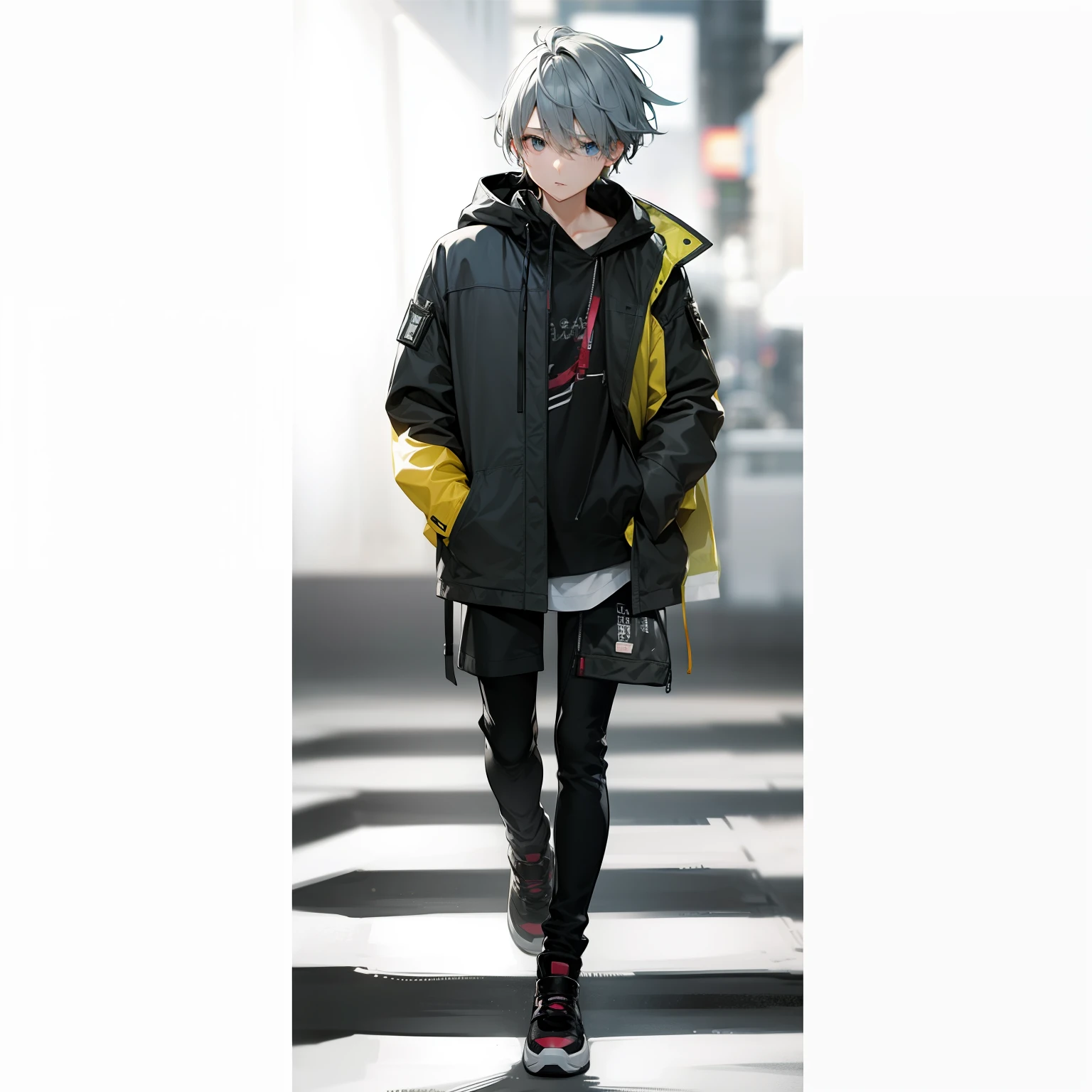 Smartphone in left hand、Right hand is a pocket、Depression、Prone eyes、