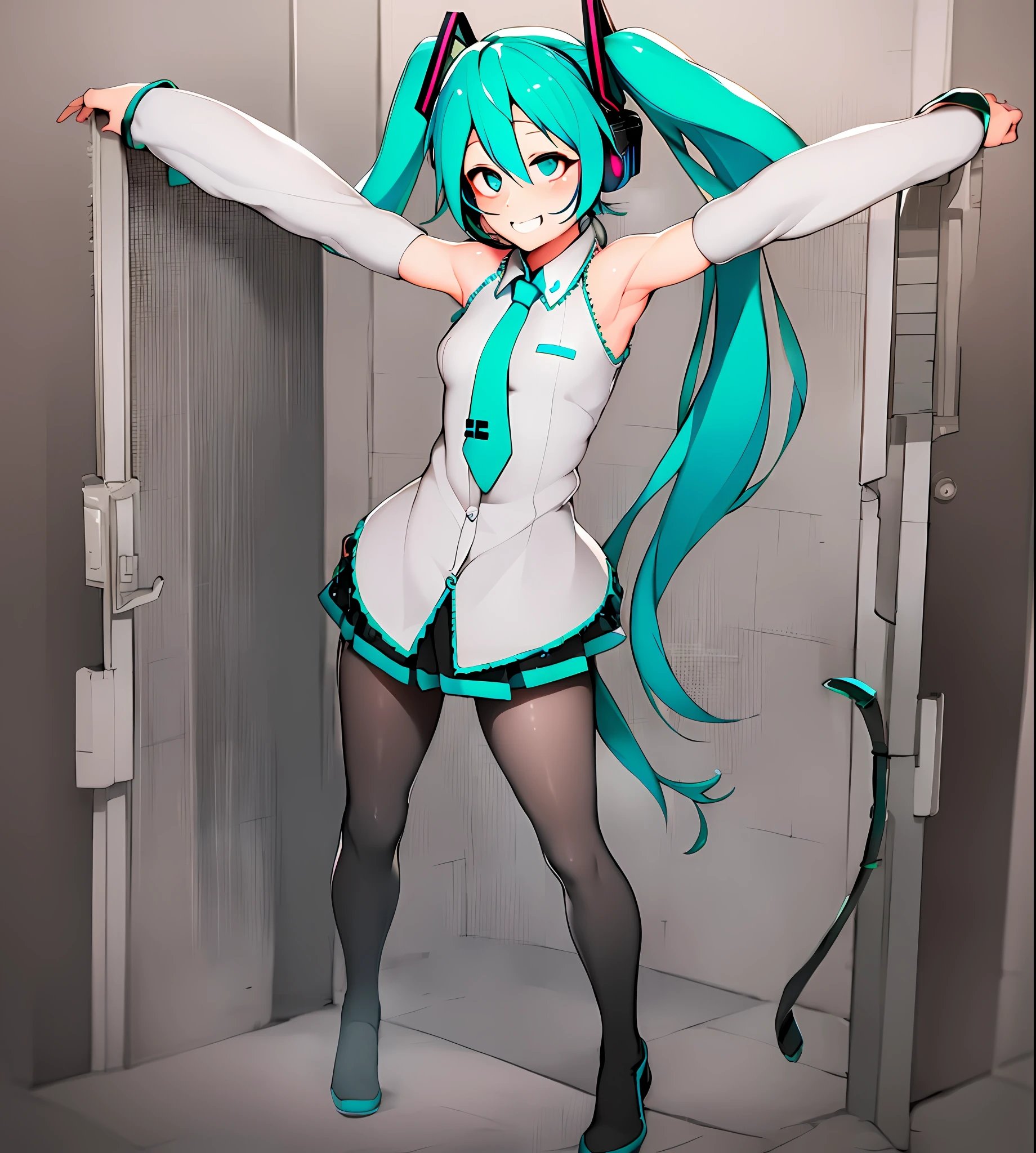 (best quality, masterpiece1.2), detailed,1girl, solo,looking at viewer,simple background, close-up, uwu,
standing ,smile ,detailed eyes , detailed face,realistic, adorable face , cute, hatsune miku, log eyelashes, teeth,hair ornament, necktie, headphones,
elbow hand out of frame, tokonone