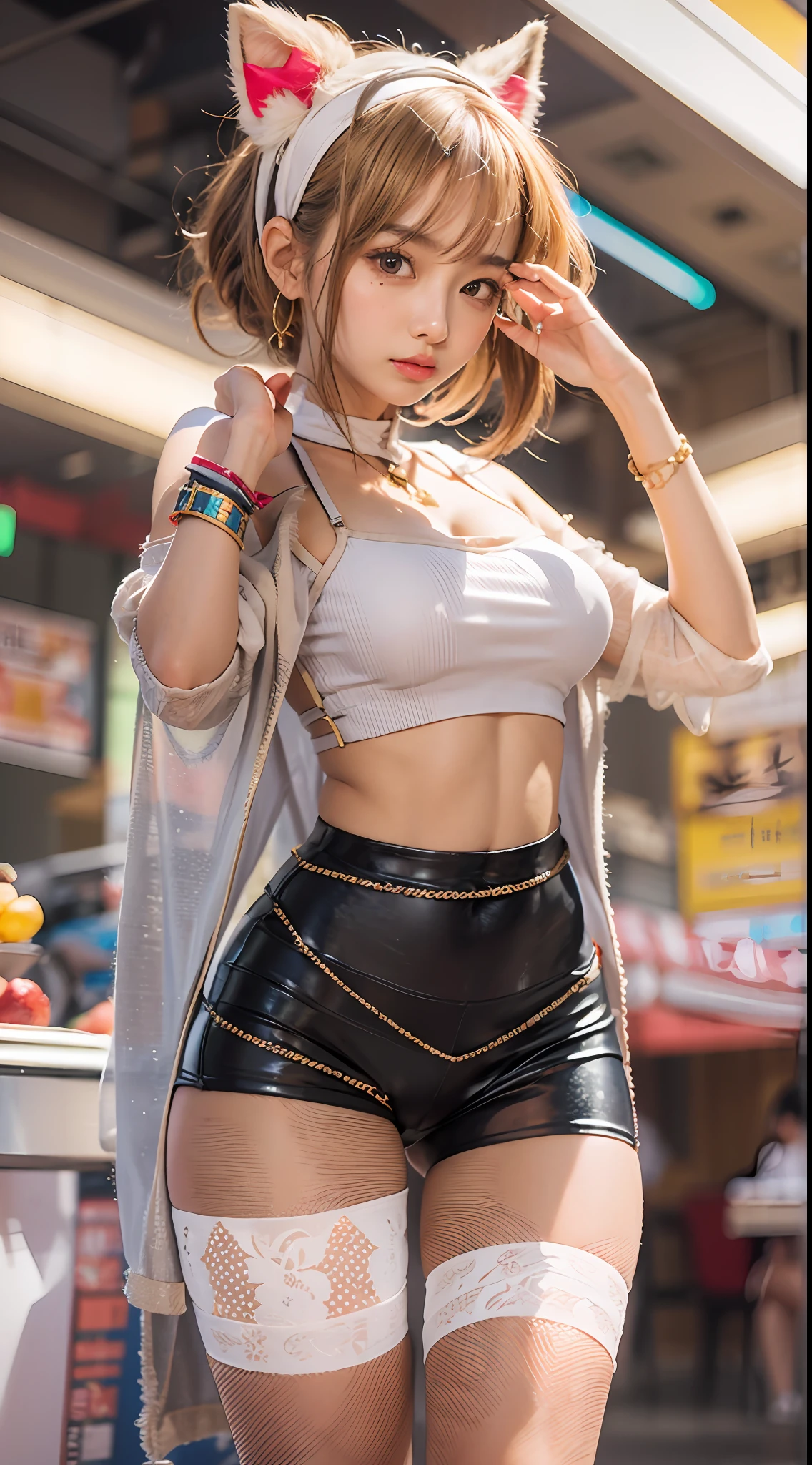 ((Masterpiece)), best quality, absurderes, hyperrealistic, ultra detailed, cowboy shot, dynamic pose, golden ratio, super cute girl, mature girl, extremely beautiful, super beautiful asian girl with super beautiful brown shiny eyes, super petite and sexy body, super beautiful legs, super beautiful brown multicolored short hair, high ponytail, shiny and super beautiful skin, nice and sexy body, slim and delicate body, perfect body, wearing a super tight black short sleeve crop top, bare shoulders, super tight translucid black leggings, hot panties, fox hairband, being photographed in a popular kawaii food court
