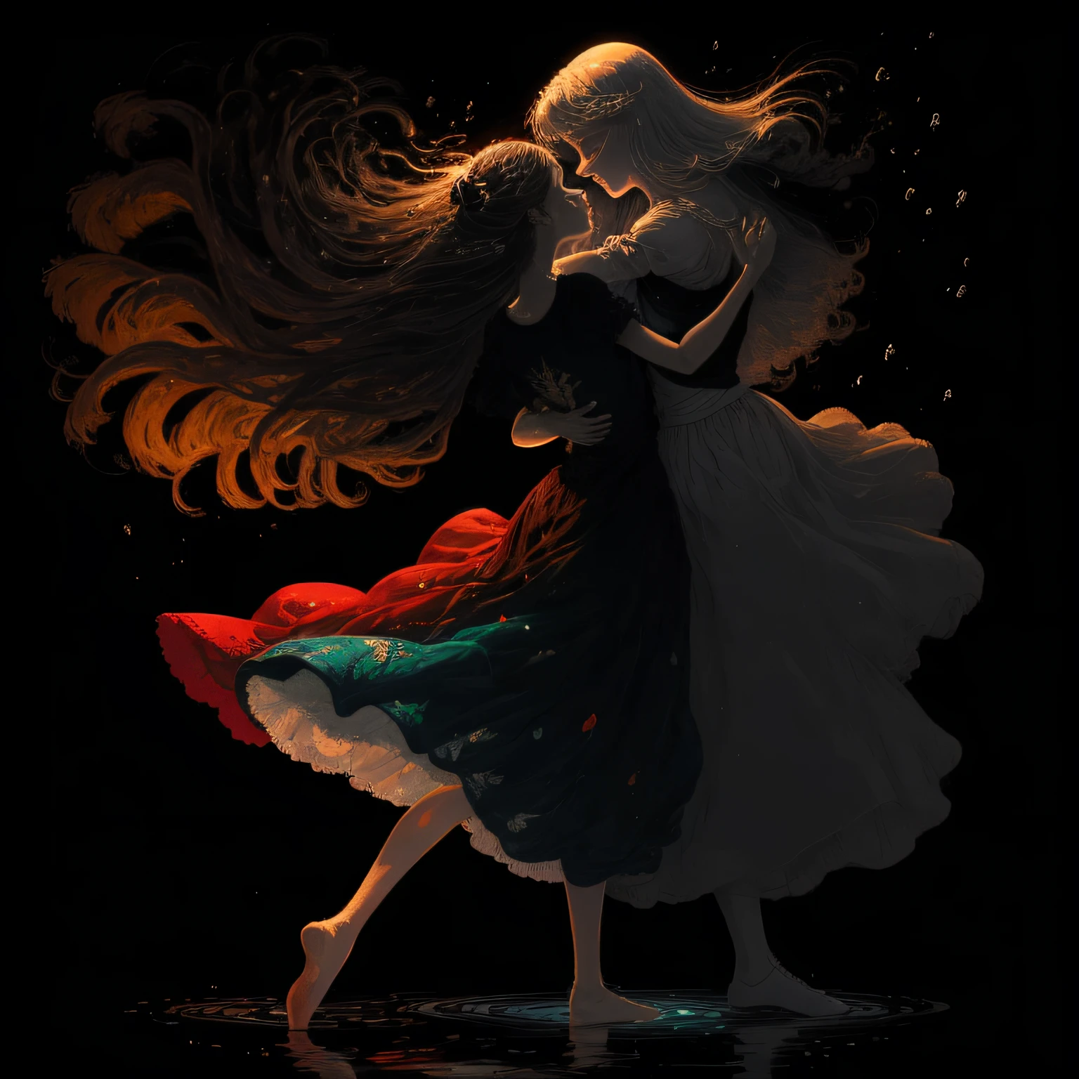 Generate a similar or random painting of the artwork:“The Dance of Life, Munch, inspired by symbolism and using this artifice to express different feelings: o vermelho para o amor, Passion and pain; o branco para a juventude, Innocence and joy; and black for solitude, tristeza e morte. Don't include images of people, animais ou objetos. --auto