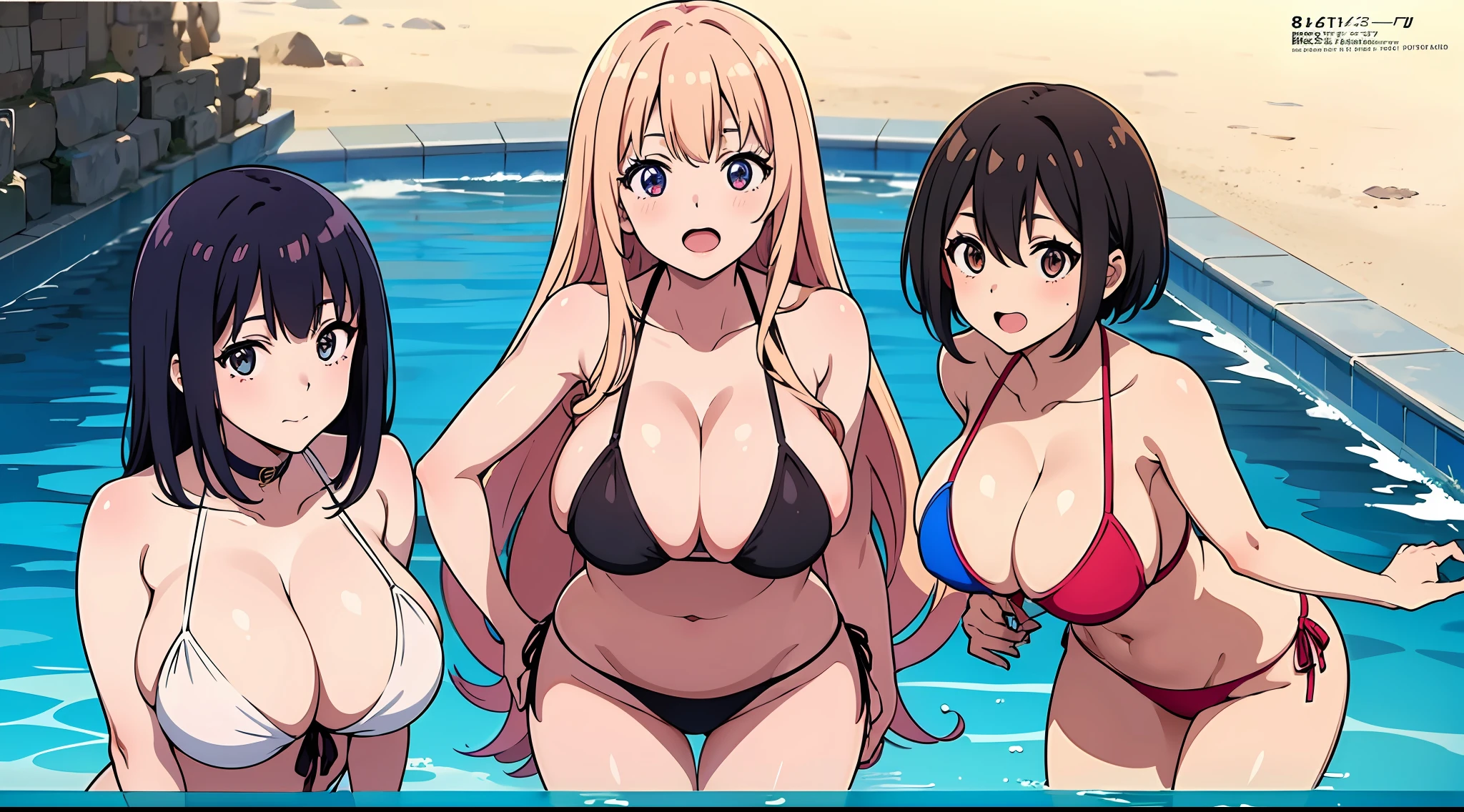 Pool Party, look at viewr, Multiple girls, in group photograph, lineup, harems, High School Girls, 3女の子, maikurobikini, Huge perfect breasts, Leaning forward, Cowboy Shot, Beach, (Best Quality, 8K, 32K, masutepiece:1.2),