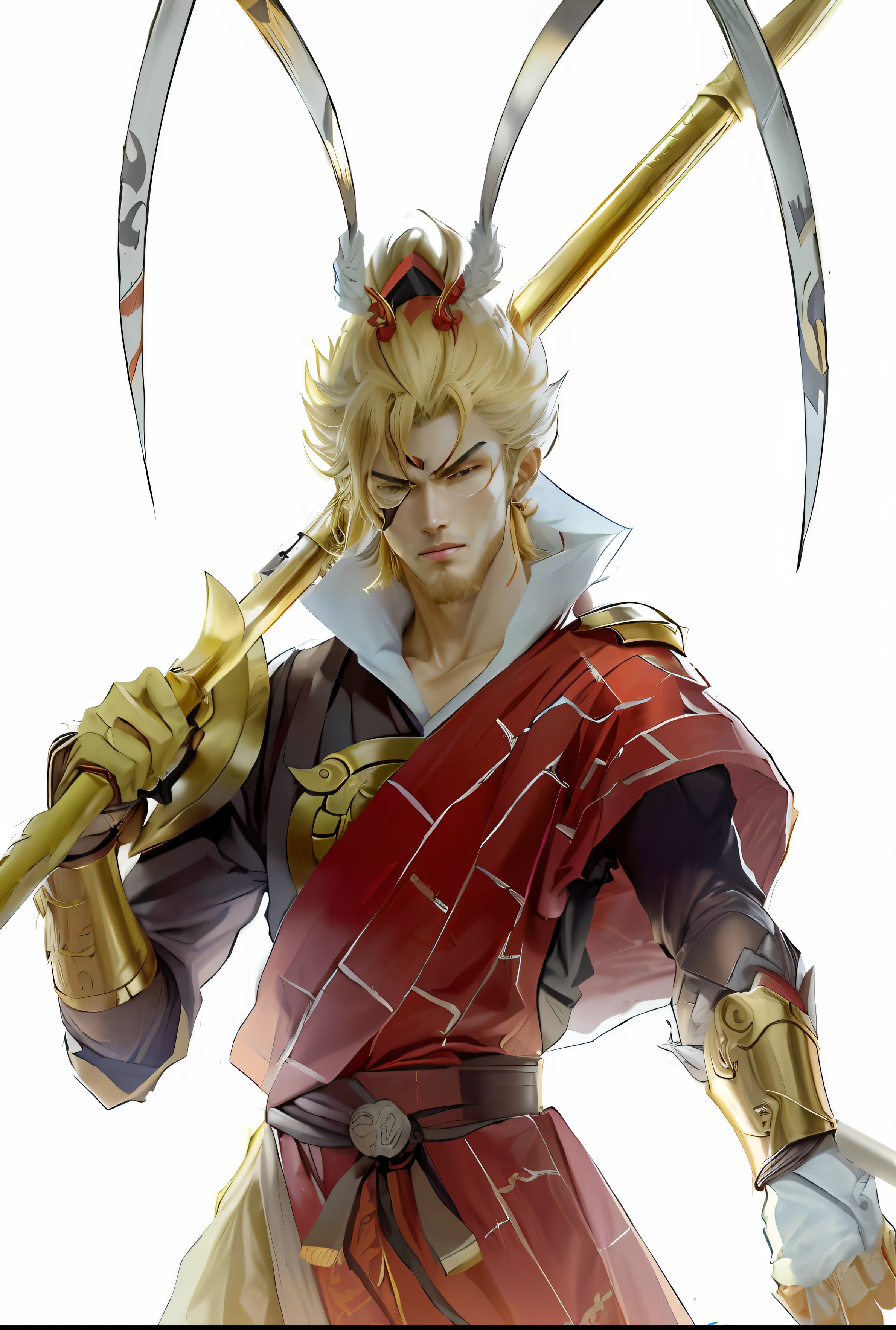 Close-up of a man holding a large knife and sickle, son goku, Wukong, legendary god holding spear, handsome guy in demon killer art, Monkey king, gilgamesh, zhongli from genshin impact, fox nobushi holding a naginata, Akira in Chinese mythology, Keqing from Genshin Impact
