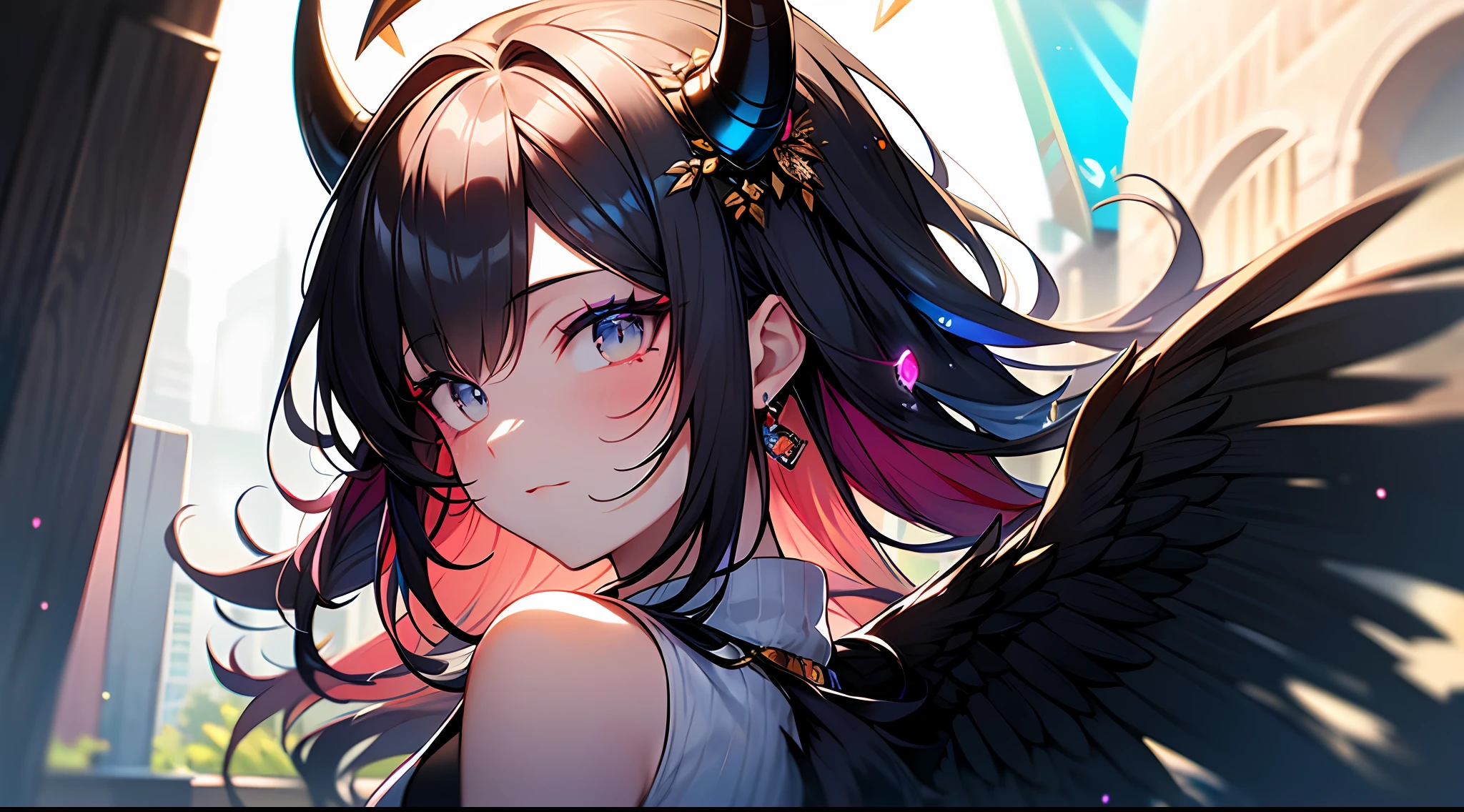 (Masterpiece:1.2), best quality, (illustration:1.2), (ultra-detailed),Eye focus,(Masterfully crafted Glow, pink lens flare), (Cinematic background), hyper details, (delicate detailed), (intricate details),in the air, octane render, hdr, (hyperdetailed:1.15), (soft light:1.2), 1girl, beautiful girl, ultra detailed eyes, mature, plump, thick, rainbow painting drops, paint teardrops, woman made up from paint, entirely paint, splat, splash, outdoors, (bioluminescent hair:1.1),(glowing eyes), ((makeup)),(Cinematic masterpiece), fierce, powerful, splashes of colour absolutely eye-catching, (Cinematic headlight), light coming from above, growing shadows, ((caustic)), dynamic angle, beautiful detailed glow, ambient occlusion, ambient light, raytraced reflections,(best illumination, an extremely delicate and beautiful), ((cinematic light)), (soft:2), (Nephilim:1.2), (halo), demon horns,(1 angel wing),1 demon wing, wings on back, half demon, demon ears, black wings, raven wings, (falling raven feathers), black hair, grey eyes, (red hair glow), (radiant aura),