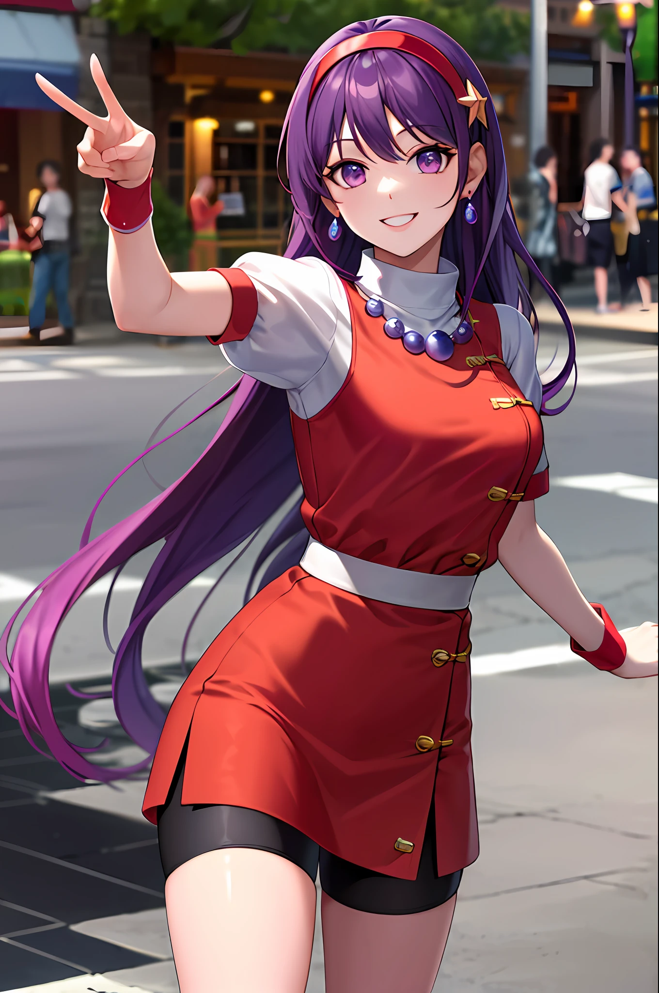masterpiece, best quality, highres, aa1, purple hair, long hair, hairband, long hair, necklace, bike shorts, earrings, red dress, medium breasts, puffy short sleeves, white sleeves, wristband, cowboy shot, smile, street, peace sign,