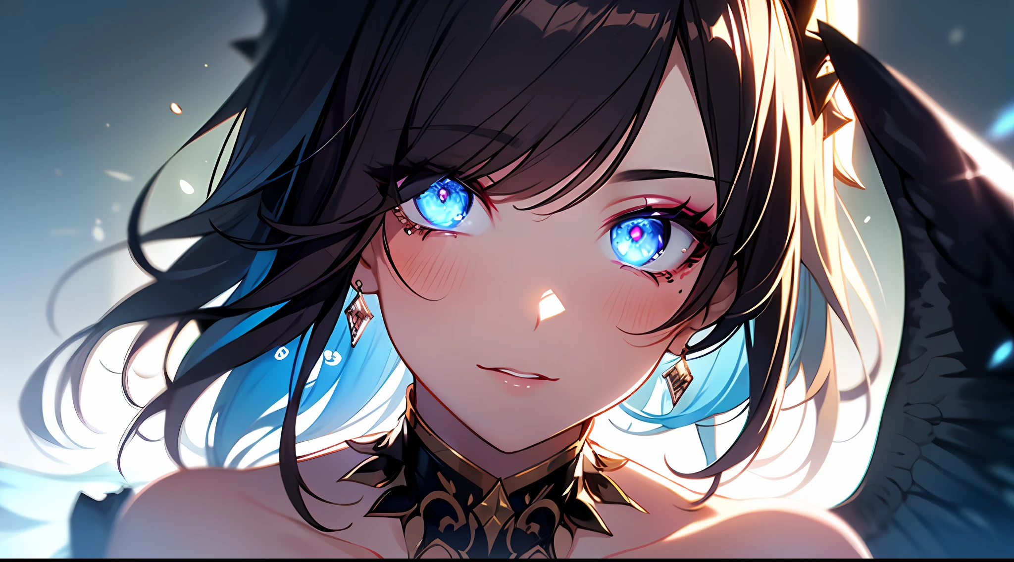 (Masterpiece:1.2), best quality, (illustration:1.2), (ultra-detailed),Eye focus,(Masterfully crafted Glow, pink lens flare), (Cinematic background), hyper details, (delicate detailed), (intricate details),in the air, octane render, hdr, (hyperdetailed:1.15), (soft light:1.2), 1girl, beautiful girl, ultra detailed eyes, mature, plump, thick, rainbow painting drops, paint teardrops, woman made up from paint, entirely paint, splat, splash, outdoors, (bioluminescent hair:1.1),(glowing eyes), ((makeup)),(Cinematic masterpiece), fierce, powerful, splashes of colour absolutely eye-catching, (Cinematic headlight), light coming from above, growing shadows, ((caustic)), dynamic angle, beautiful detailed glow, ambient occlusion, ambient light, raytraced reflections,(best illumination, an extremely delicate and beautiful), ((cinematic light)), (soft:2), (Nephilim:1.2), (halo), demon horns,(1 angel wing),1 demon wing, wings on back, half demon, demon ears, black wings, raven wings, (falling raven feathers), black hair, grey eyes, (red hair glow), (radiant aura),