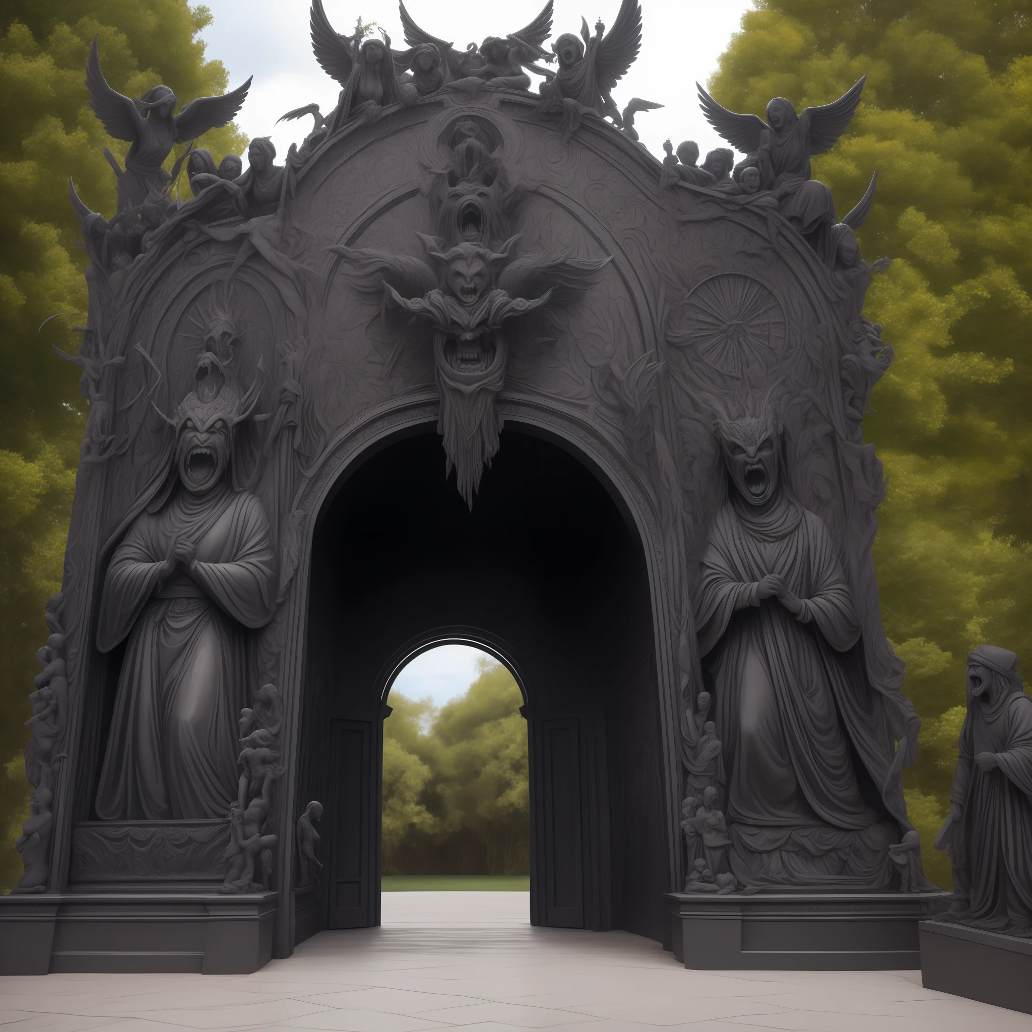 Giant Black Gate, Correntes , decorated with black statues of screaming demons,em uma sala branca vazia,fantasia sombria, realista