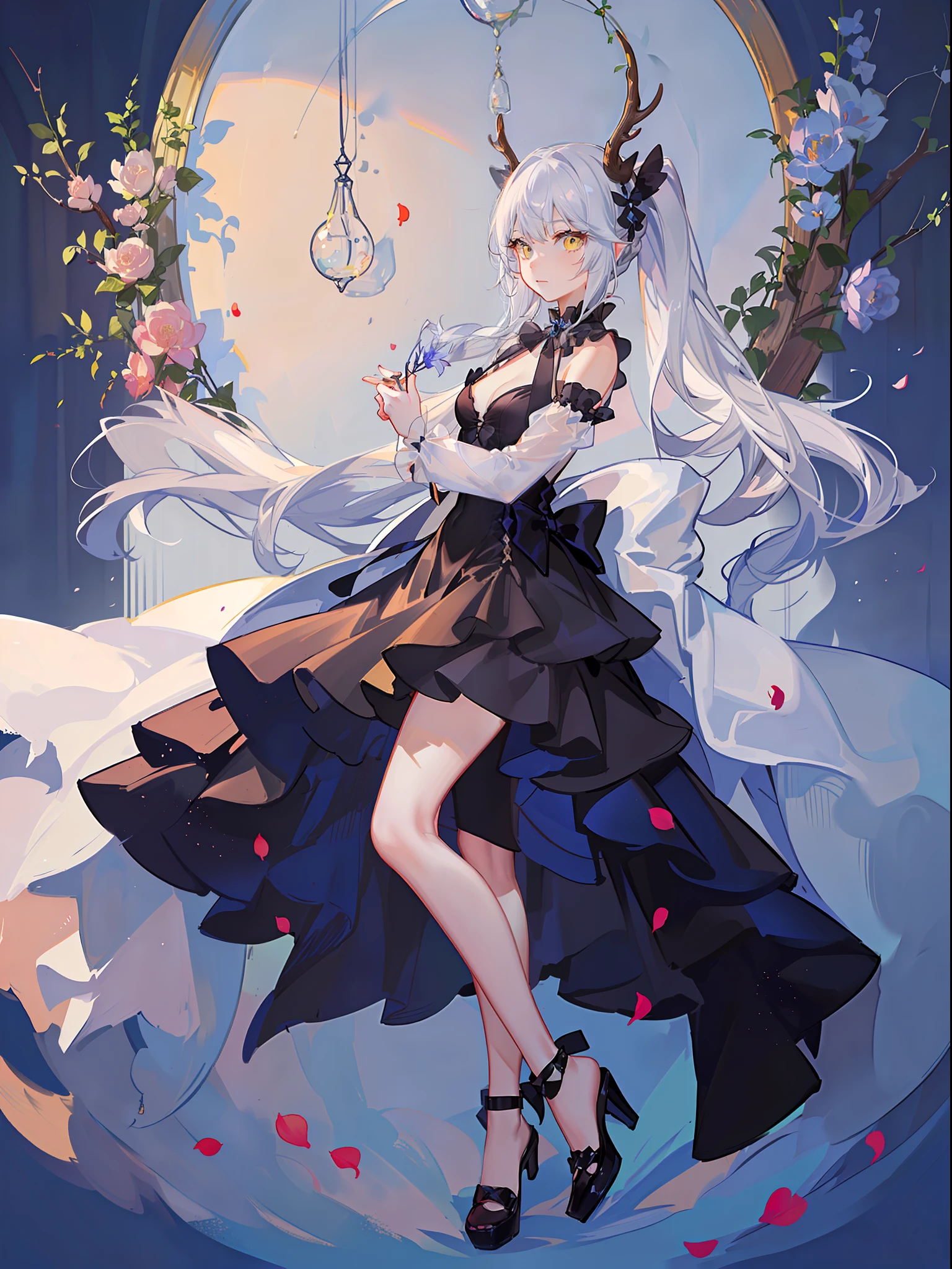 Full body standing painting,tmasterpiece,high qulity,Stuffed animal ears,The tail is a giant squirrel tail, Same color as ears, But the white part is whiter than the hair (Close to pure white)It is also draped with irregular petals,The antlers are brown and curved, The hair is white overall, There are irregular yellow and black pickaxes, Low hairstyle, There is a small braid on the right side of the ponytail, Irregular petals fall on the head, The neckline is a bell, The chest has a cutout design, The right side of the skirt is different from other fabrics, The fabric is harder,folds, The sleeves have two layers, The inner layer is white,