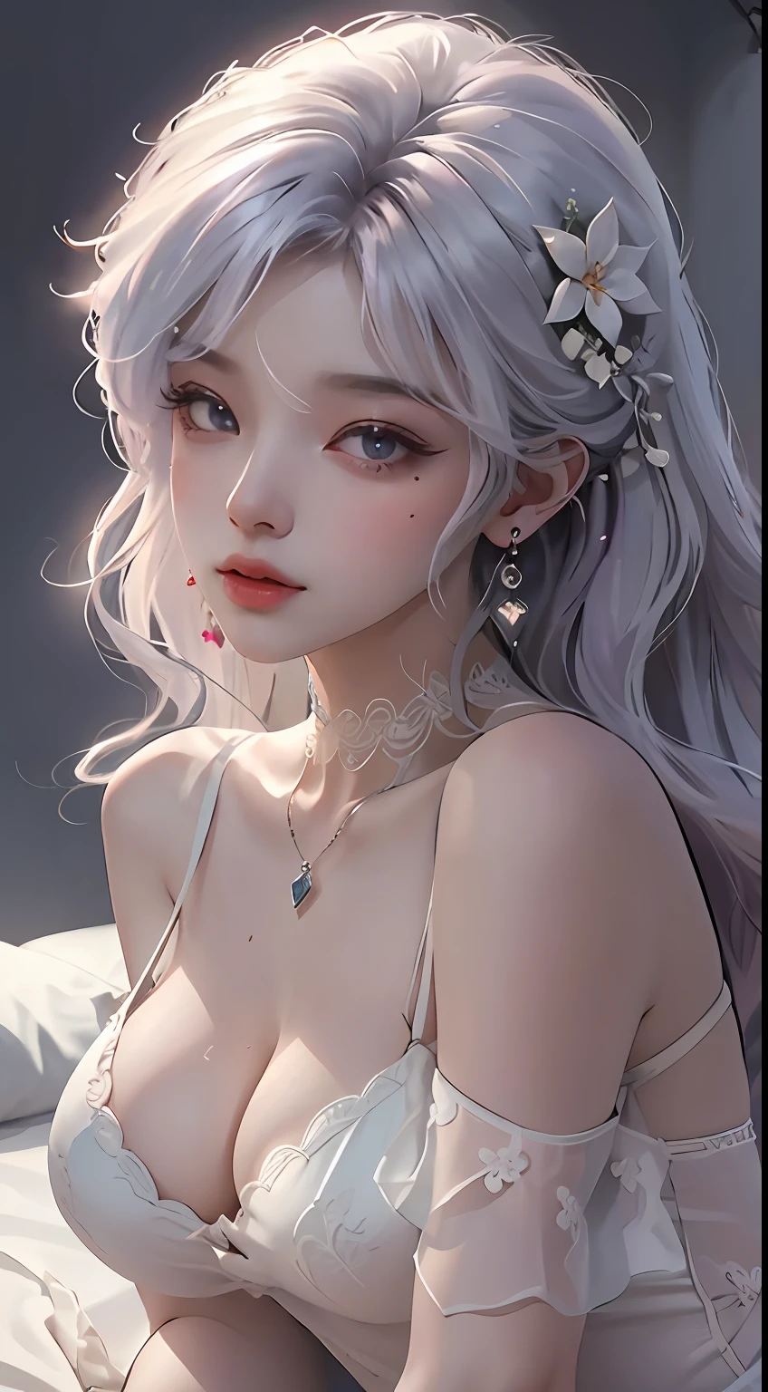 Masterpiece, best quality, (detailed background), high contrast, 1 girl, wearing black lace nightdress, full body, (white background: 1.5), clean line drawings, wavy light purple hair, bare shoulders, very large boobs, very huge boobs, lying on bed, best quality, blush, looking at the audience, big seduction, busty body, 8K, dress sexy, shy, shy look, seductive, lust, lewd eyes, wet skin, bare thighs, light on face, teddy bear, 18 years old korean idol, necklace, earing, flowers on her hair
