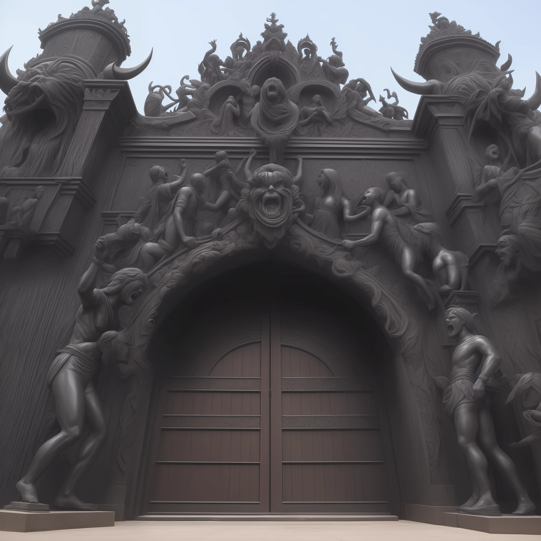 Giant Black Gate, Correntes , decorated with black statues of screaming demons,em uma sala branca vazia,fantasia sombria, realista