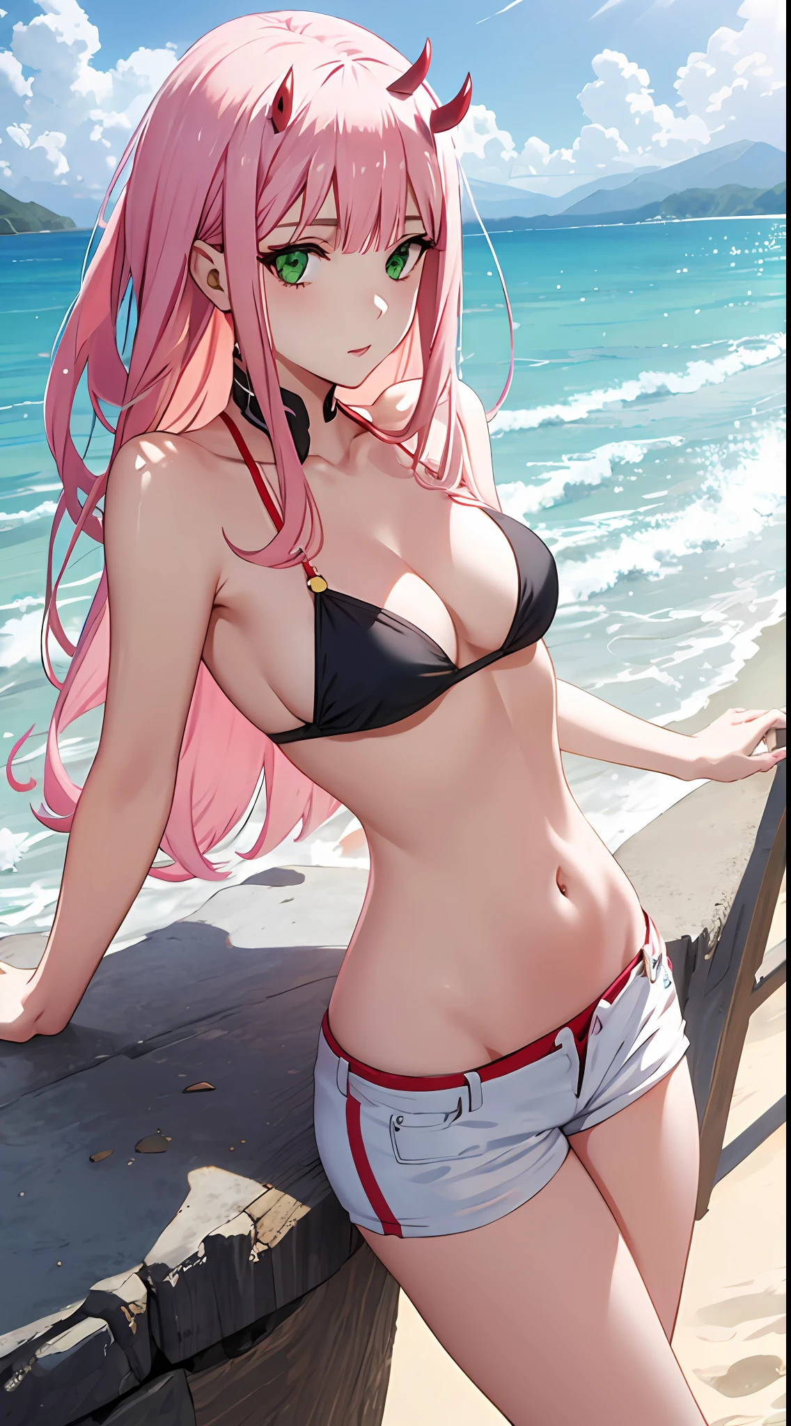 zero two, navel, medium breast, navel, slim legs, sunny day, Beach, leaning, beautiful eyes, green eyes, nervous, hot pants