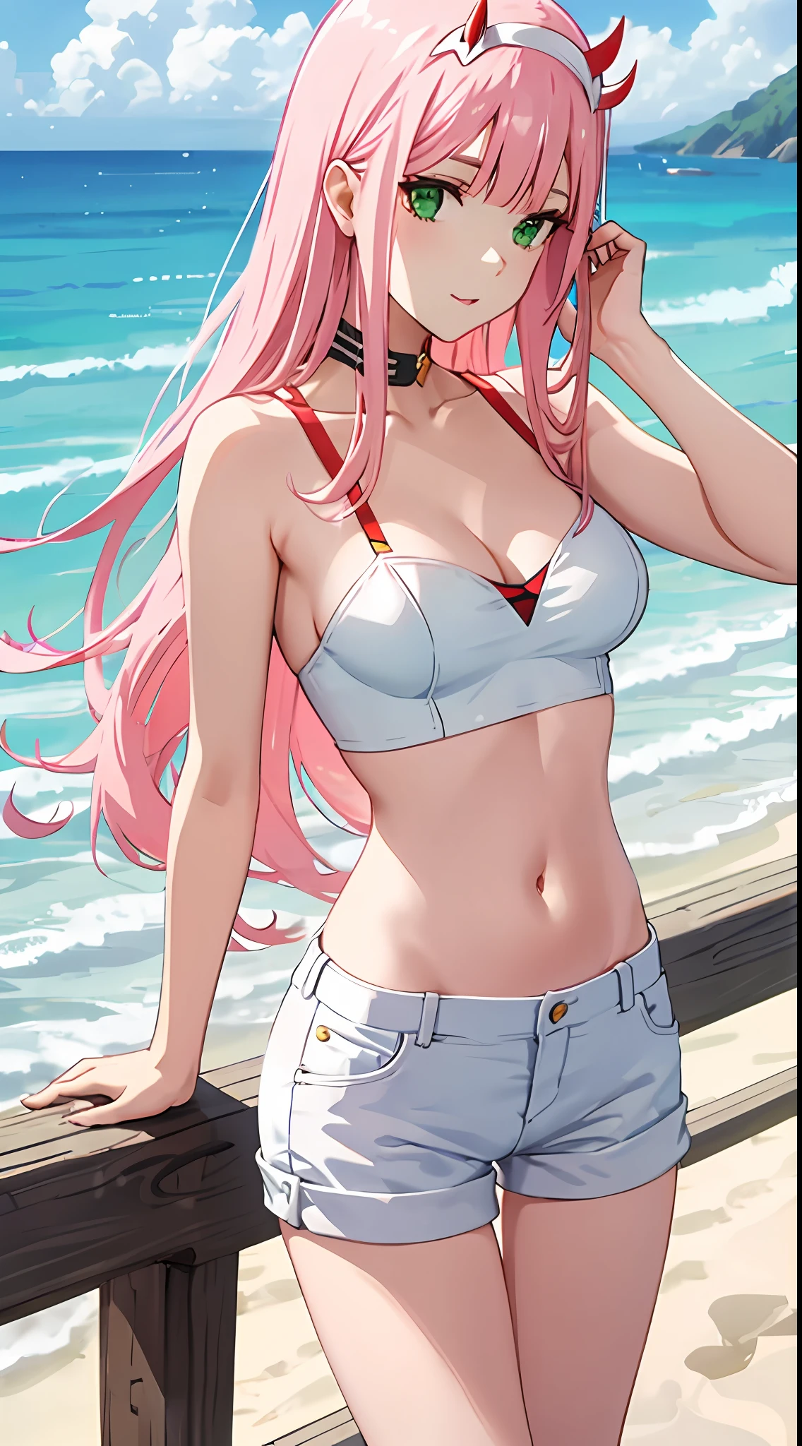 zero two, navel, medium breast, navel, slim legs, sunny day, Beach, leaning, beautiful eyes, green eyes, nervous, hot pants