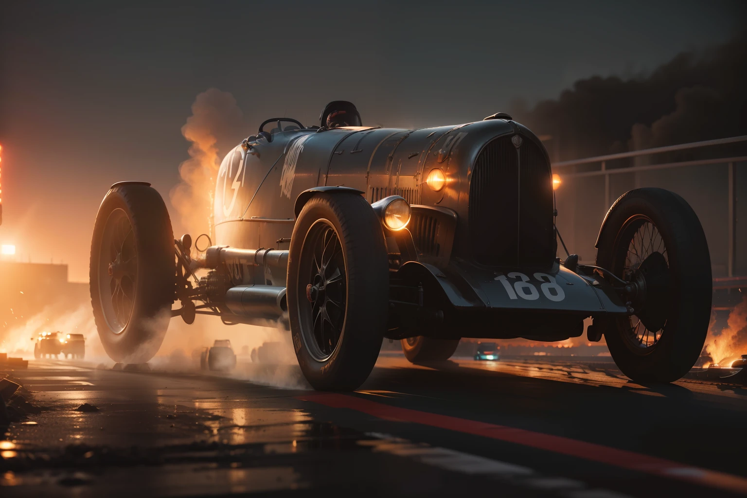 "C:\Users\Jomar Machado\OneDriveDesktop\VINTAGE RACE CARS\PRE WAR CAR BLACK.jpg" , flaming wheels, racetrack, dawn atmosphere, daylight, cinema photography, hot colours, keep the car faithfull to the original, 8K
