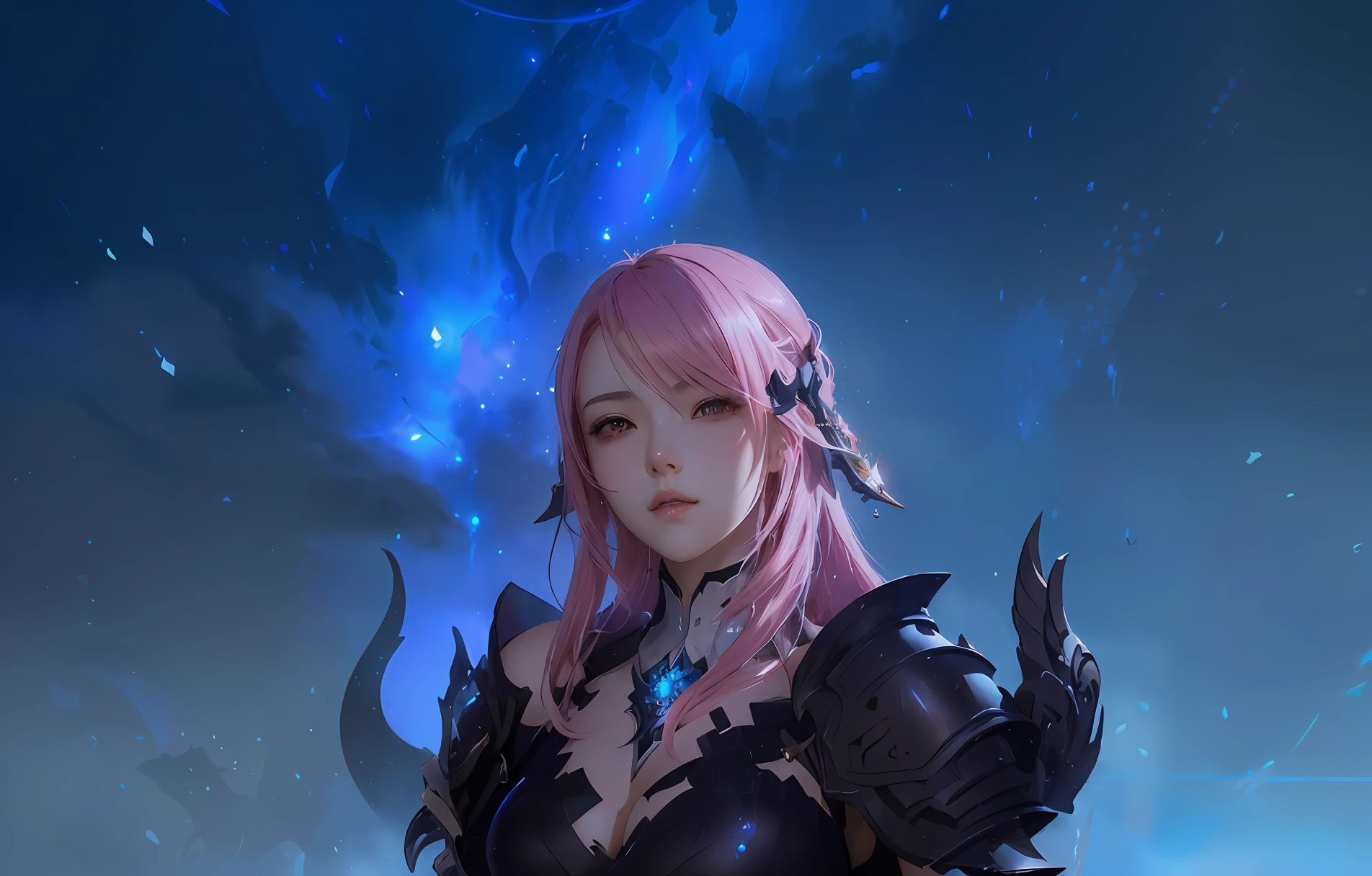 anime girl with pink hair and black armor holding a sword, cushart krenz key art feminine, portrait knights of zodiac girl, artwork in the style of guweiz, fantasy art style, guweiz on artstation pixiv, guweiz on pixiv artstation, detailed digital anime art, guweiz, fantasy concept art portrait, by Yang J