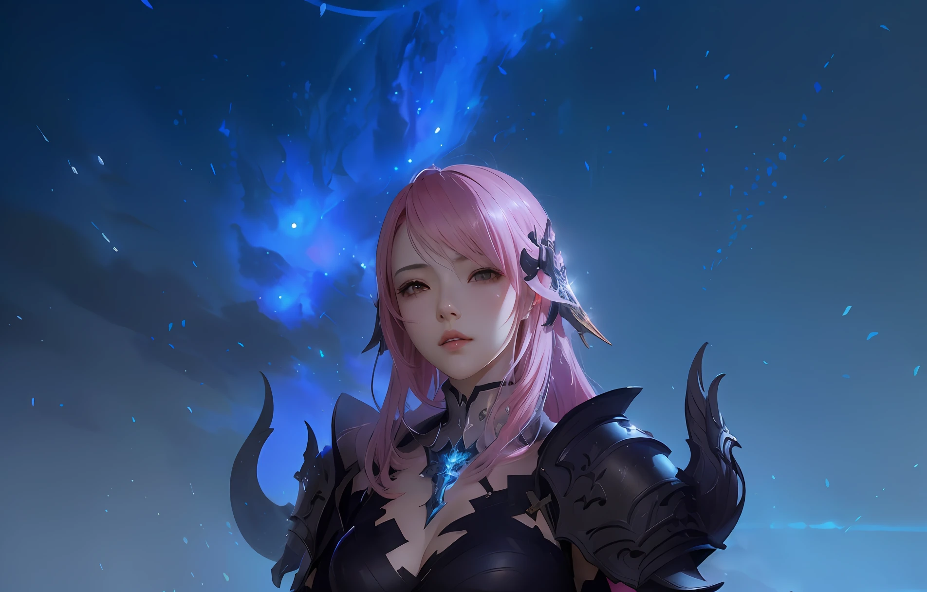 anime girl with pink hair and black armor holding a sword, cushart krenz key art feminine, portrait knights of zodiac girl, artwork in the style of guweiz, fantasy art style, guweiz on artstation pixiv, guweiz on pixiv artstation, detailed digital anime art, guweiz, fantasy concept art portrait, by Yang J, final fantasy 14
