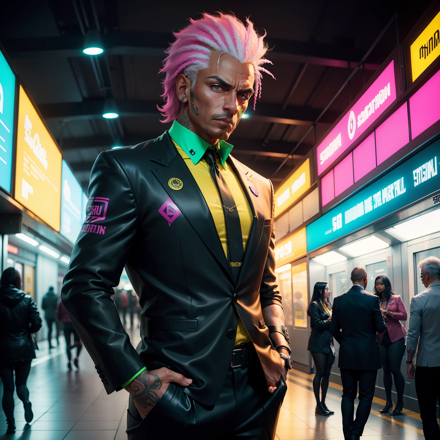 gostaria de uma imagem estilo cyberpunk em 4k de um homem de mais ou menos 50 anos , forte, de pele negra ,com cabelo punk estilo anos 80 na cor amarelo e cinza escuro,muito eLegante,, futurista e estiloso neon , com uma tatuagem super colorida e com neon ,Toattoo, facing a metro station on the platform , with station lights failing in a dimly lit environment, standing dressed in a dark yellow suit with a pink bow tie