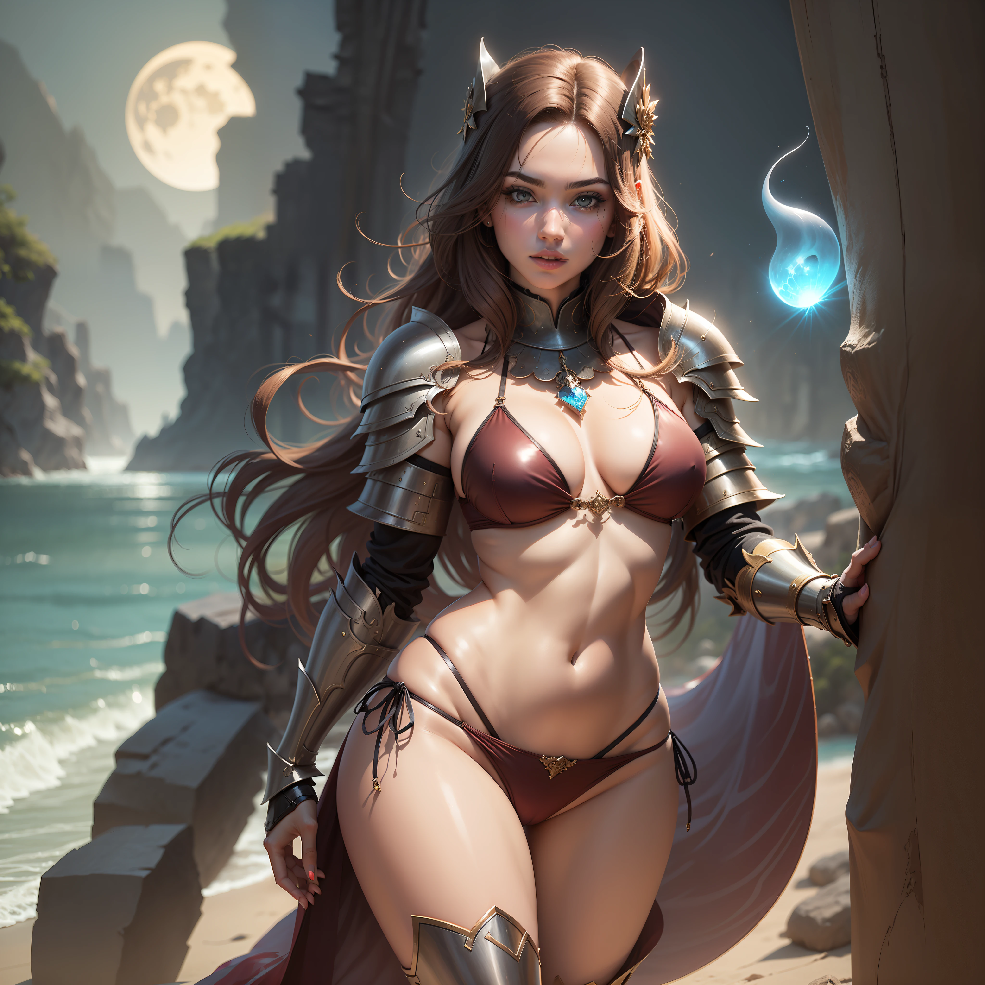 A Hot Sexy woman wearing a Rich Mahogany Bikini Armor with a Moonglow Aura radiating from her body, full body