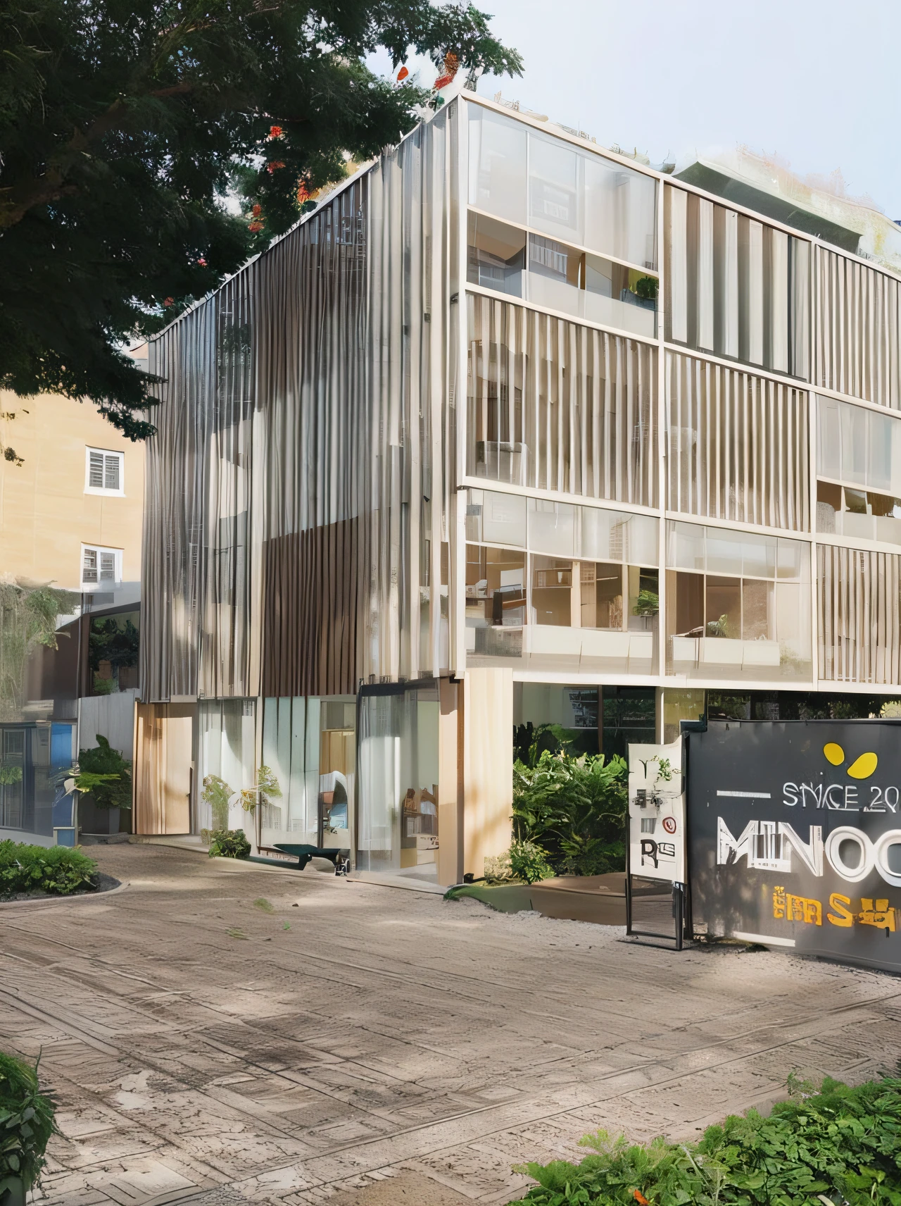 Office bulding, realistic, vertical garden, random grid, wood window, sunny, glass, render architecture