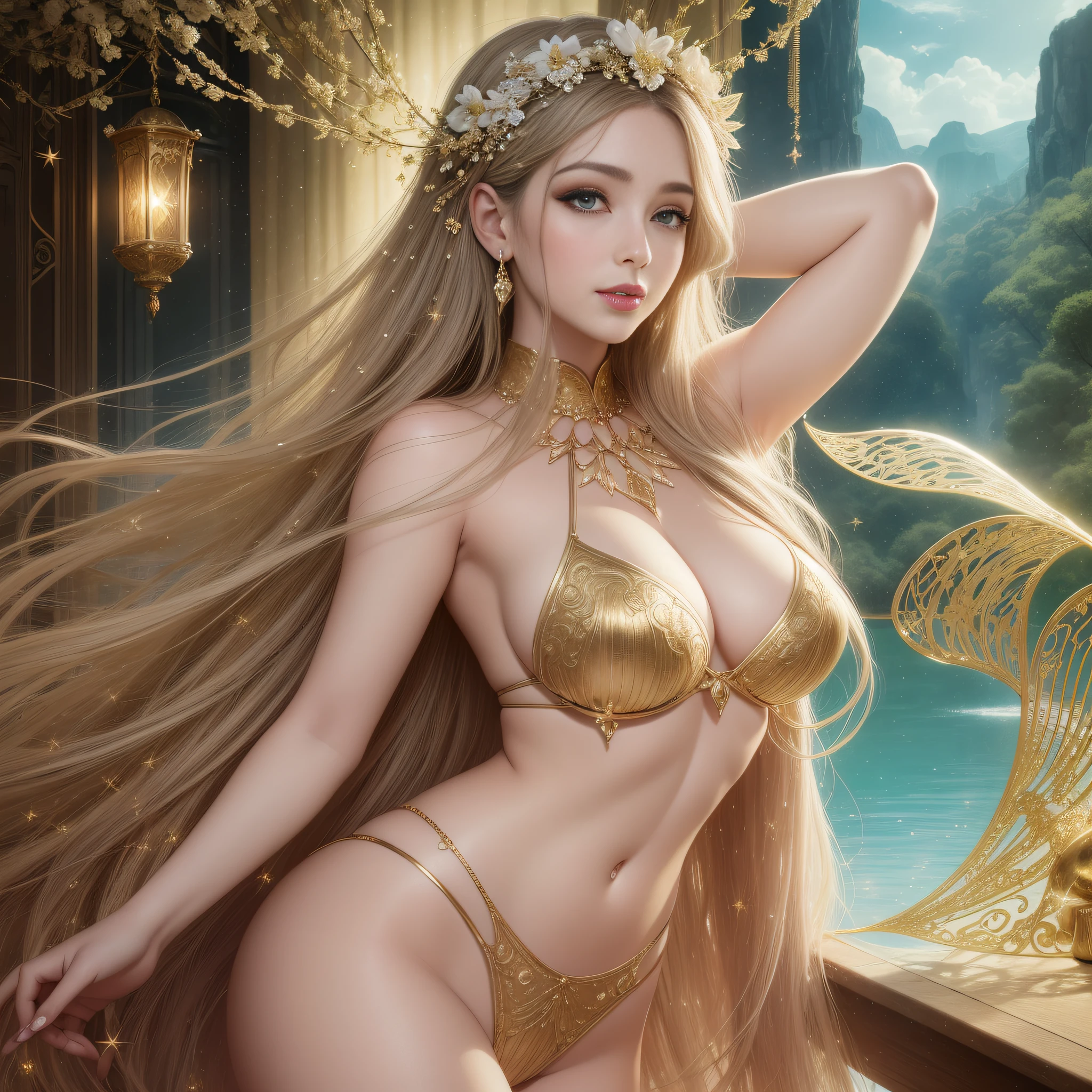 --Nymph of our dreams is revealed--hair that dances in the wind like strands of gold --eyes bright as twinkling stars --skin as soft and radiant as moonlight --golden proportion guides every stroke --every curve --every detail --charming face of this nymph --presents overflowing harmony --symmetry --irresistible --work of art --captivating smile --nymph --illuminates everything around her --slightly curved lips --whisper ancestral secrets that arouse curiosity and delight the hearts of all who see,, --Detalhes, --Proportions, --Golden Ratio, --Divine Pattern, --Transcends --The eyes of this nymph are true windows to the soul, --Transmitindo uma sabedoria profunda --Serenidade, --Harmonia universal, --Divine balance, --Ninfa atraente, --Celebration of beauty, --Arte, --Mathematics, --Mysteries of creation: --Aesthetic perfection;, hiper-realismo, simetria, cowboy shot, 135 mm, anatomicamente correto, super detalhe