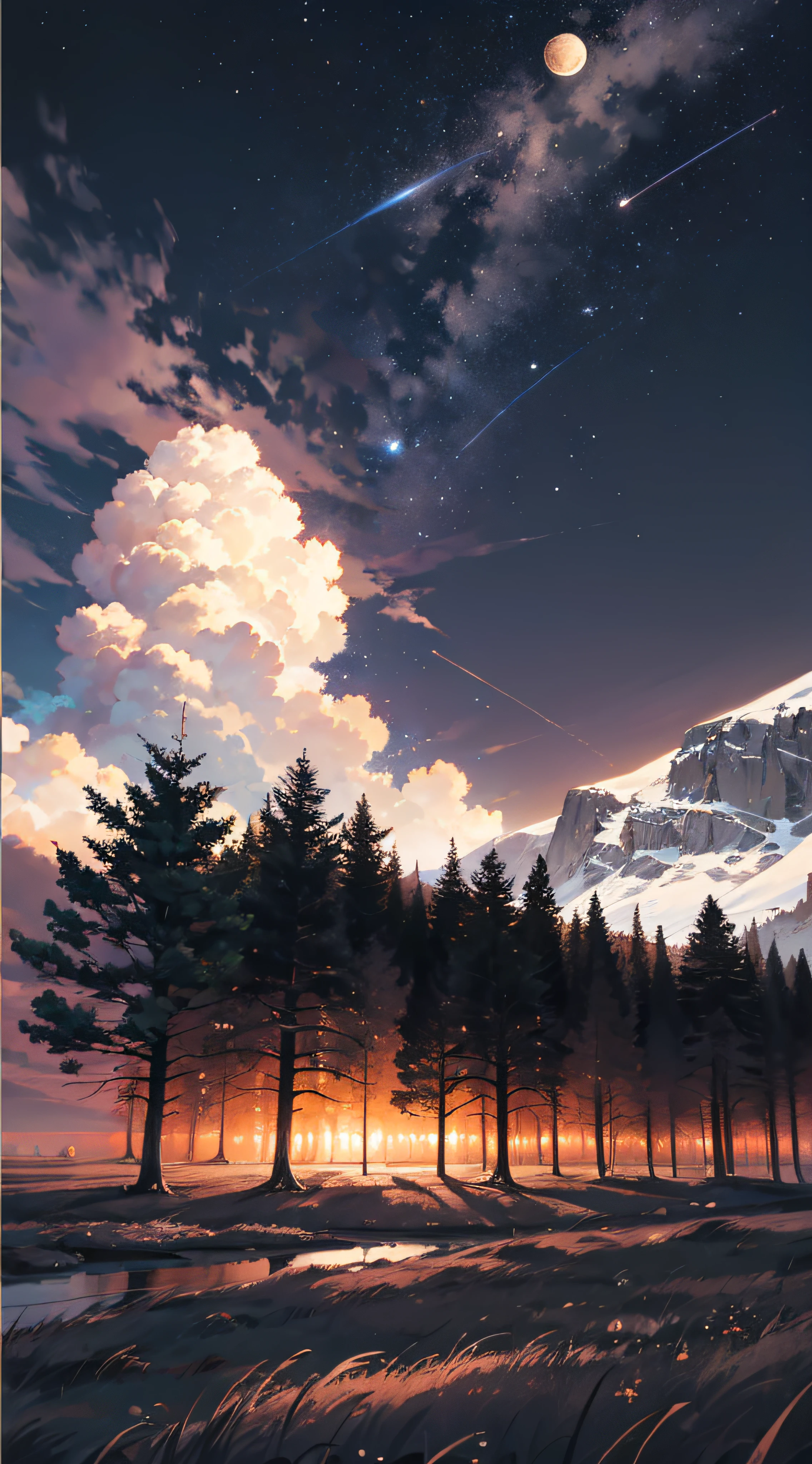 Expansive landscape photograph，（look from down，Above is the sky，Below are open fields），（moon full：1.2），（meteors：0.9），（Starcloud：1.3），Far Mountain, Tree BREAK making art，（Warm light source：1.2），（glowworm：1.2），lamp lights，Lots of purple and orange，Complicated details，Volumetriclighting，Realism BREAK（tmasterpiece：1.2），（best qualtiy），4K，Ultra-detailed，（dynamic compositions：1.4），The is very detailed，Colorful details，（Irridescent color：1.2），（luminouslighting，Atmospheric lighting），dream magical，magical，（独奏：1.2），（（best qualtiy））， （（tmasterpiece））， （the detail：1.4），depth of fields，maximum definition and sharpness，perfectly proportions