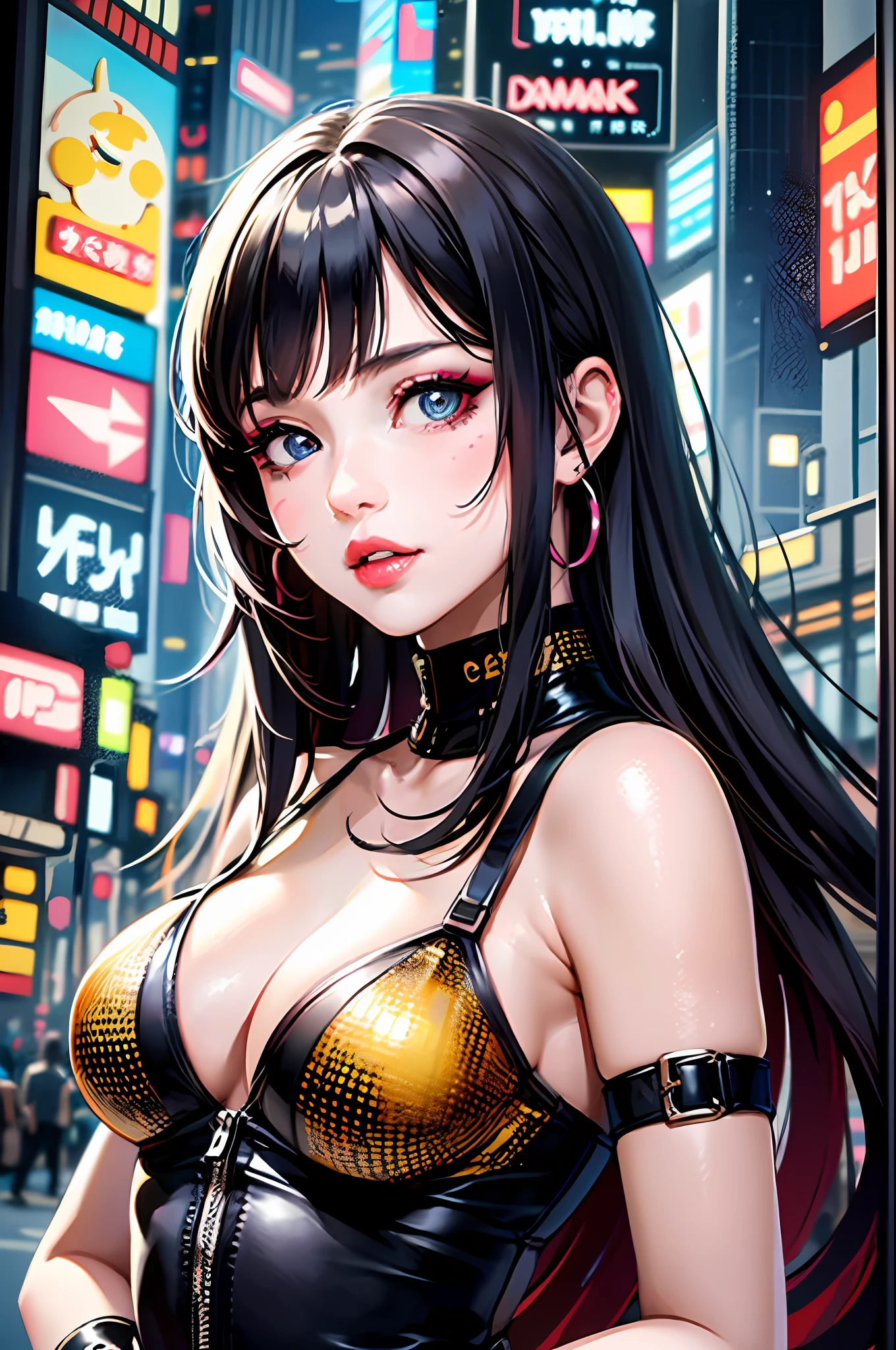 masterpiece, best quality, 1girl, looking at viewer, Confident cyberpunk girl with slightly sassy expression, Harajuku-inspired pop outfit, bold colors and patterns, eye-catching accessories, trendy and innovative hairstyle, vibrant makeup, futuristic and orderly dazzling cityscape, skyscrapers, neon signs, LED lights, bright and vivid color scheme, anime, illustration, detailed skin texture, detailed cloth texture,  beautiful detailed face, intricate details, ultra detailed