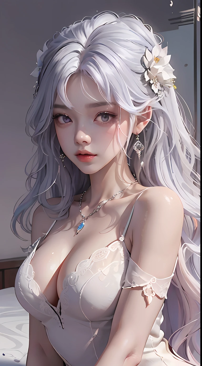 Masterpiece, best quality, (detailed background), high contrast, 1 girl, wearing black lace nightdress, full body, (white background: 1.5), clean line drawings, wavy light purple hair, bare shoulders, very large boobs, very huge boobs, lying on bed, best quality, blush, looking at the audience, big seduction, busty body, 8K, dress sexy, shy, shy look, seductive, lust, lewd eyes, wet skin, bare thighs, light on face, teddy bear, 18 years old korean idol, necklace, earing, flowers on her hair