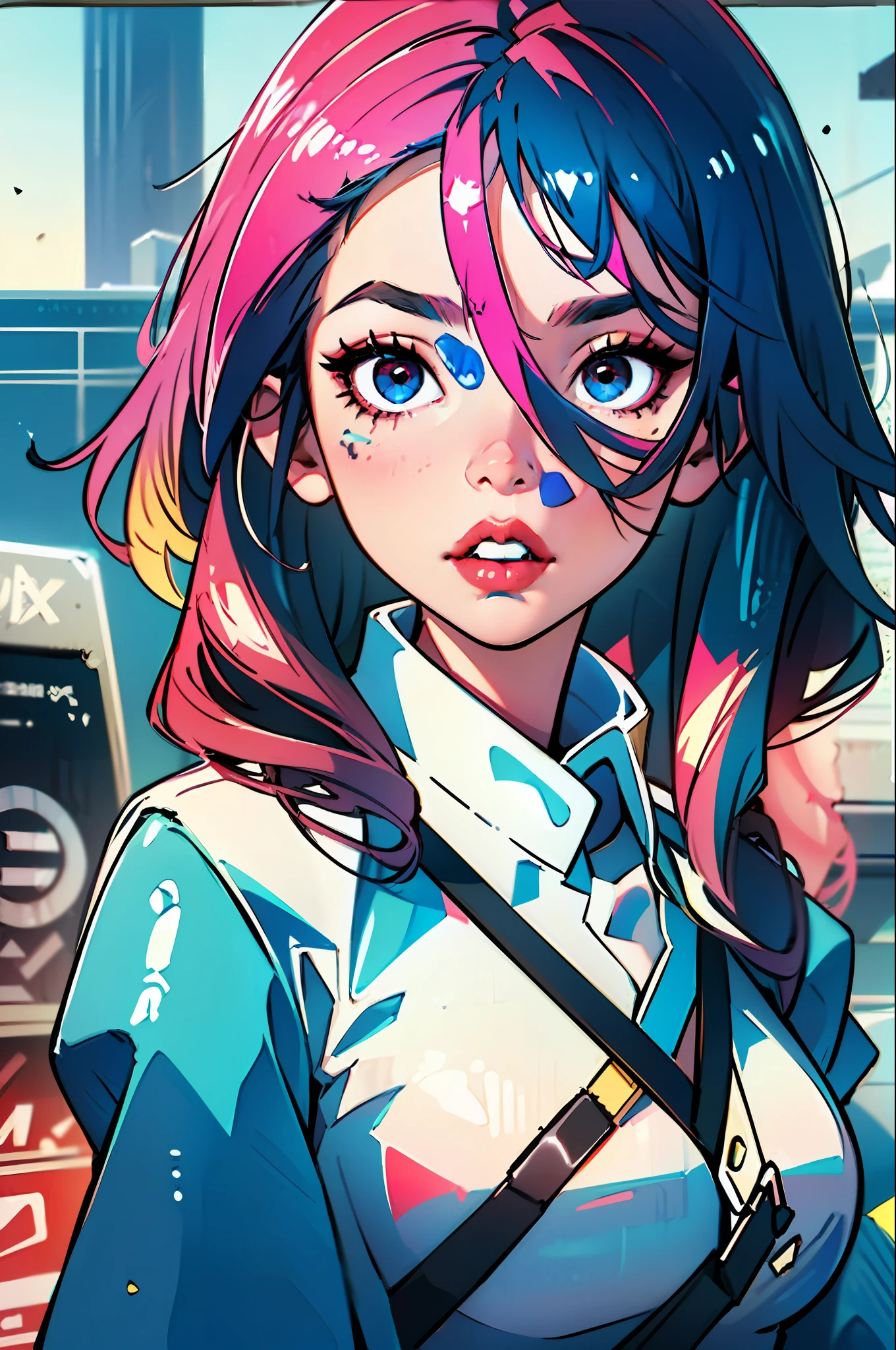 lucy\(Cyberpunk\), 1girll, By bangs, blue hairs, Colored pointed toe, Gray eye, jaket, longer sleeves, looking at viewert, Medium hair, Facial portrait, O cabelo multicolorido, Hair flying upwards, lips parted, Bangs separated, (Mad eyes),opens his eyes wide,Half of the face,with pink hair,sportrait,Red eyeliner,Redlip,独奏,White jacket,cyber punk perssonage\(Series\),Cyberpunk frontrunner,Ray traching,NVIDIA RTX,Hyper-Resolution,Unreal 5,Subsurface scattering、PBR Texture、post-proces、Anisotropy Filtering、depth of fields、maximum definition and sharpness、Many-Layer Textures、Albedo e mapas Speculares、Surface coloring、Accurate simulation of light-material interactions、perfectly proportions、rendering by octane、Two-colored light、largeaperture、Low ISO、White balance、the rule of thirds、8K raw data、The following is written in JavaScript